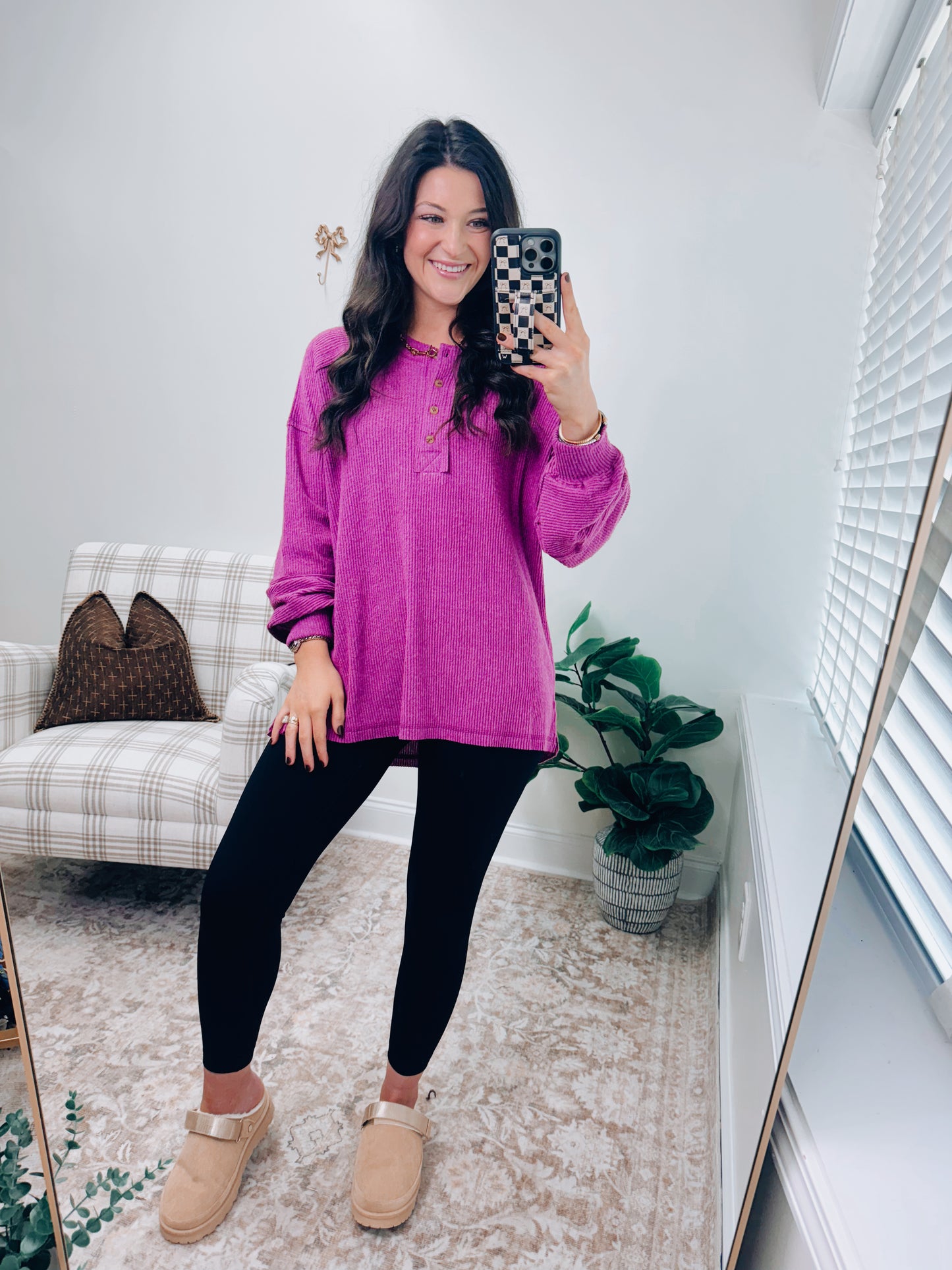 DOORBUSTER Button Brushed Ribbed Sweater - Plum