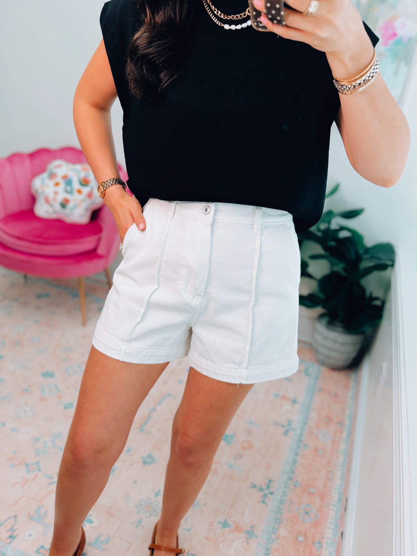 Kacey Pleated Denim Shorts - White