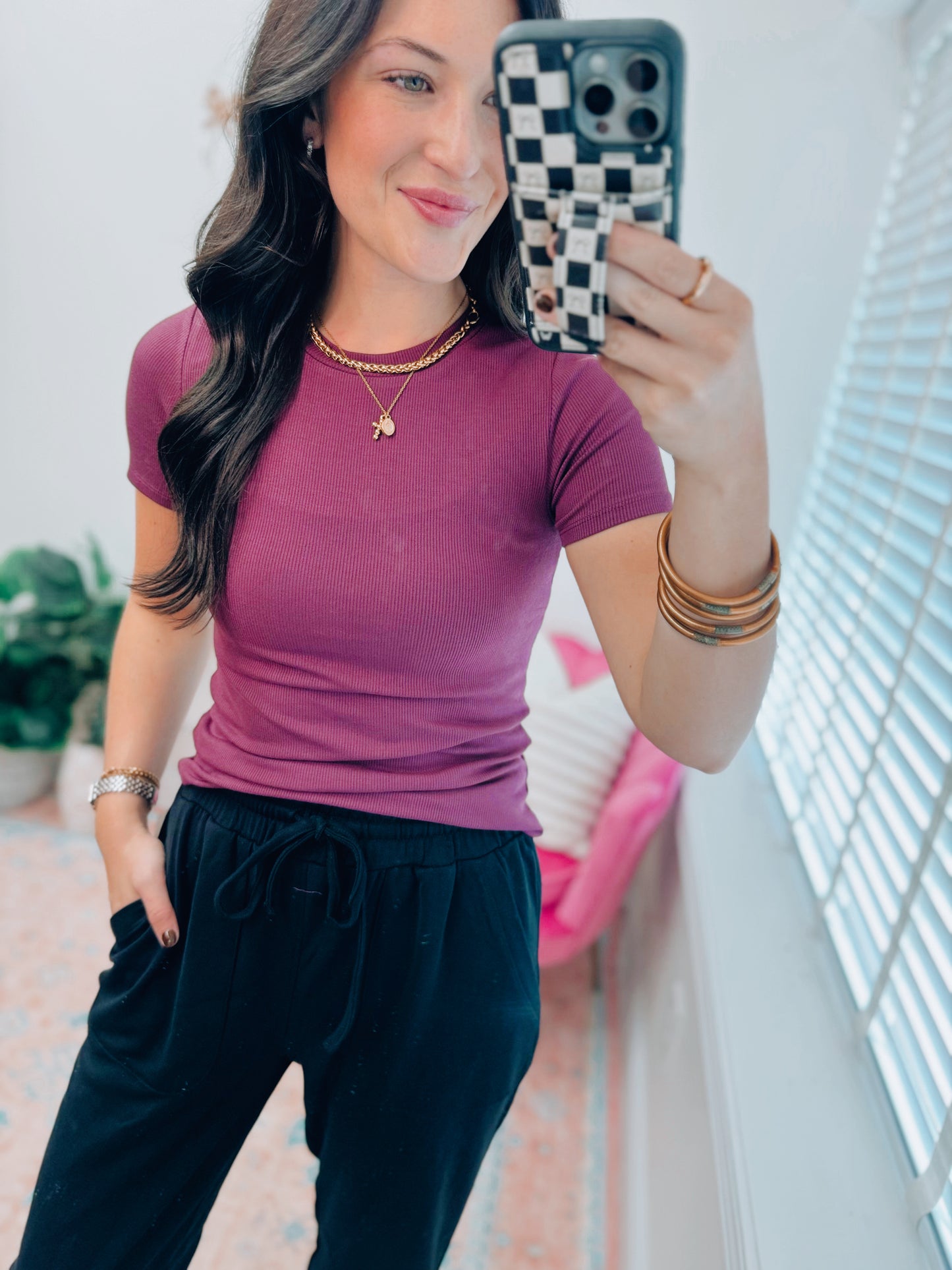 Essential Short-Sleeved Micro-Ribbed Top - Plum