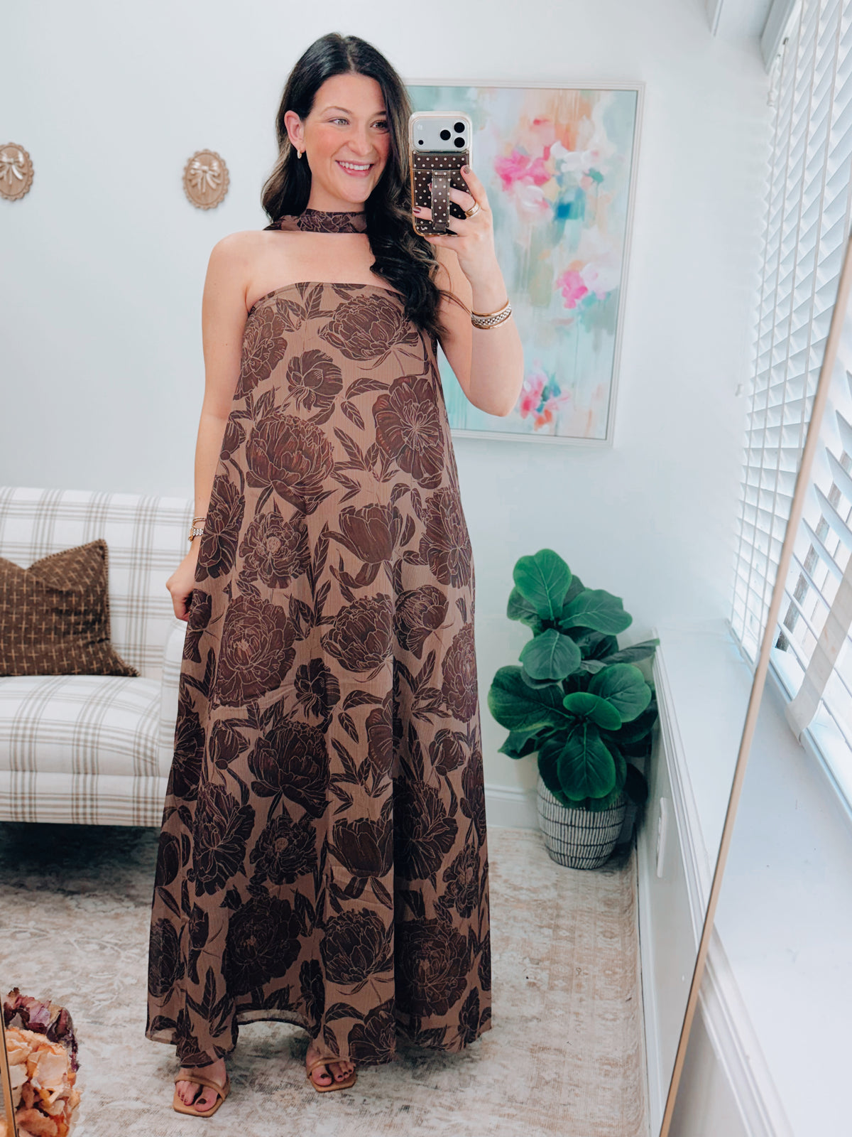 Brown Floral Print Scarf Maxi Dress