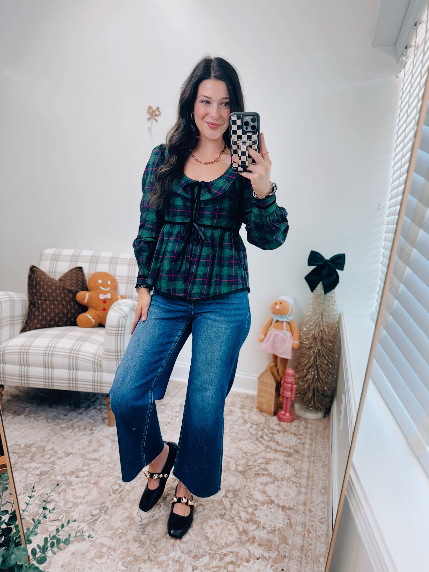 Plaid Velvet Trim Holiday Top