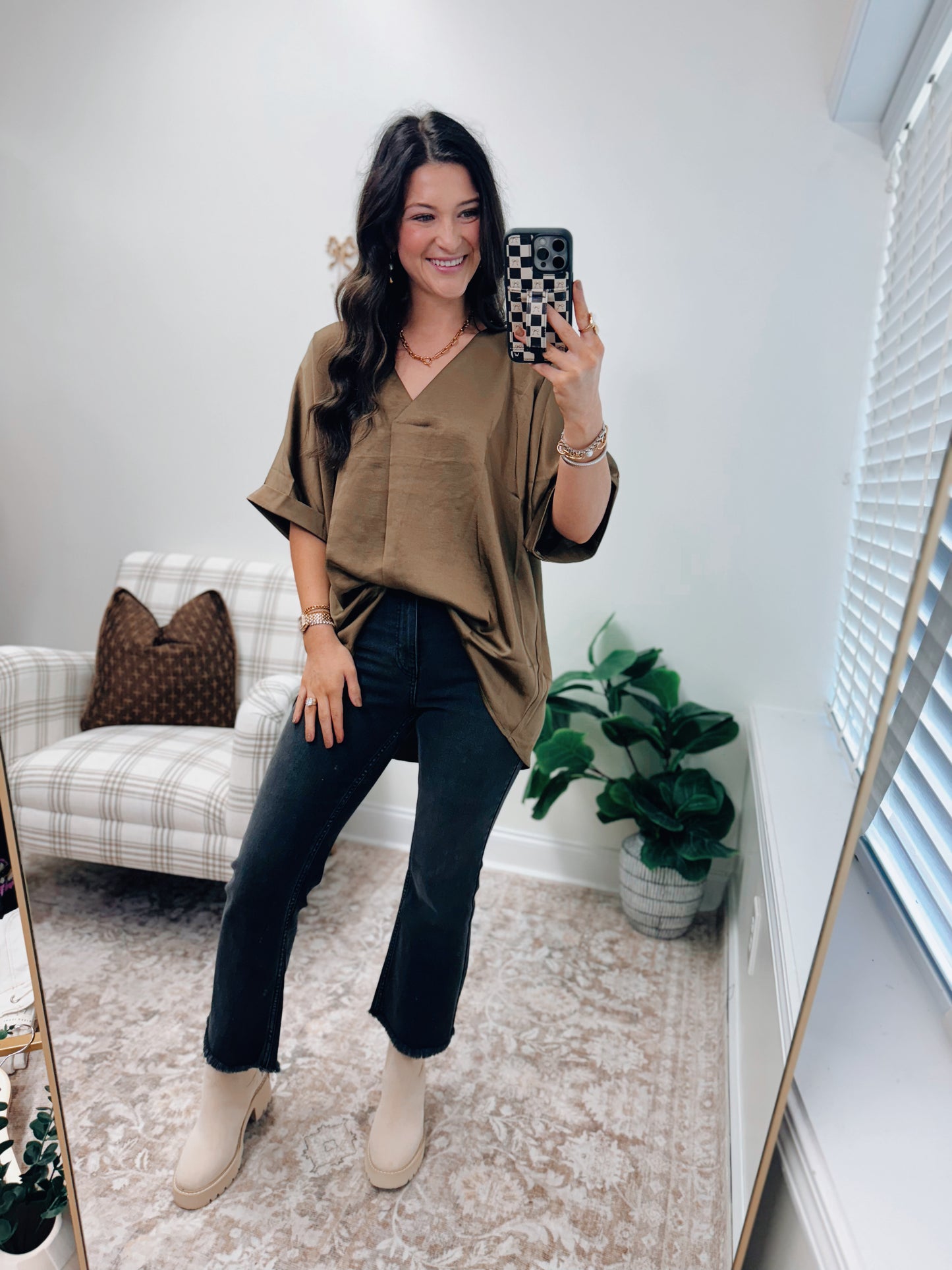 Grove Oversized Satin Top - Olive