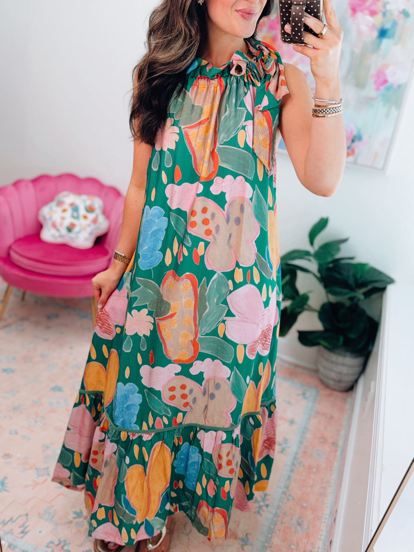 Golden Hour Floral Mock Tie Midi Dress