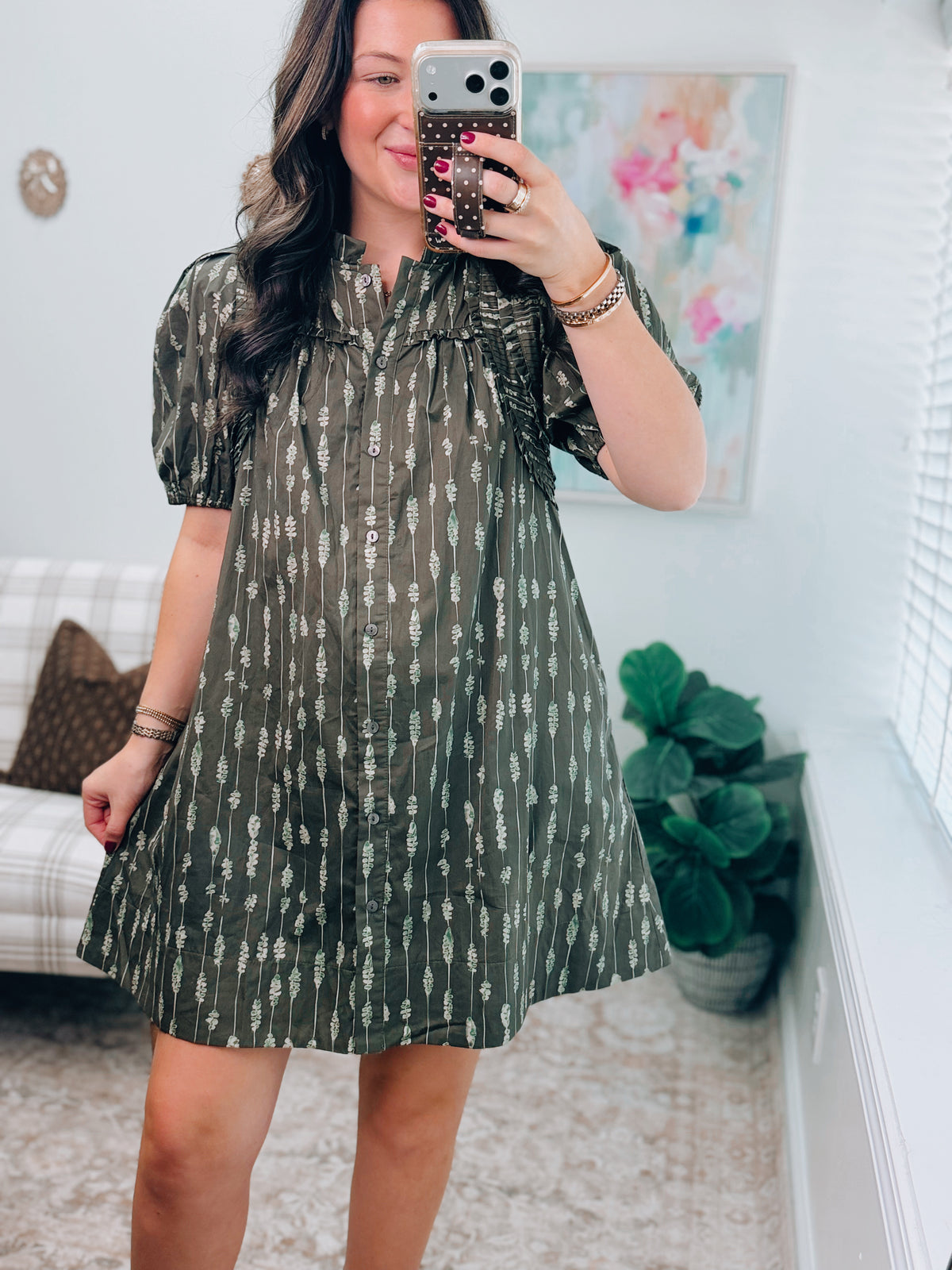 Sage Pleated Olive Mix Mini Dress