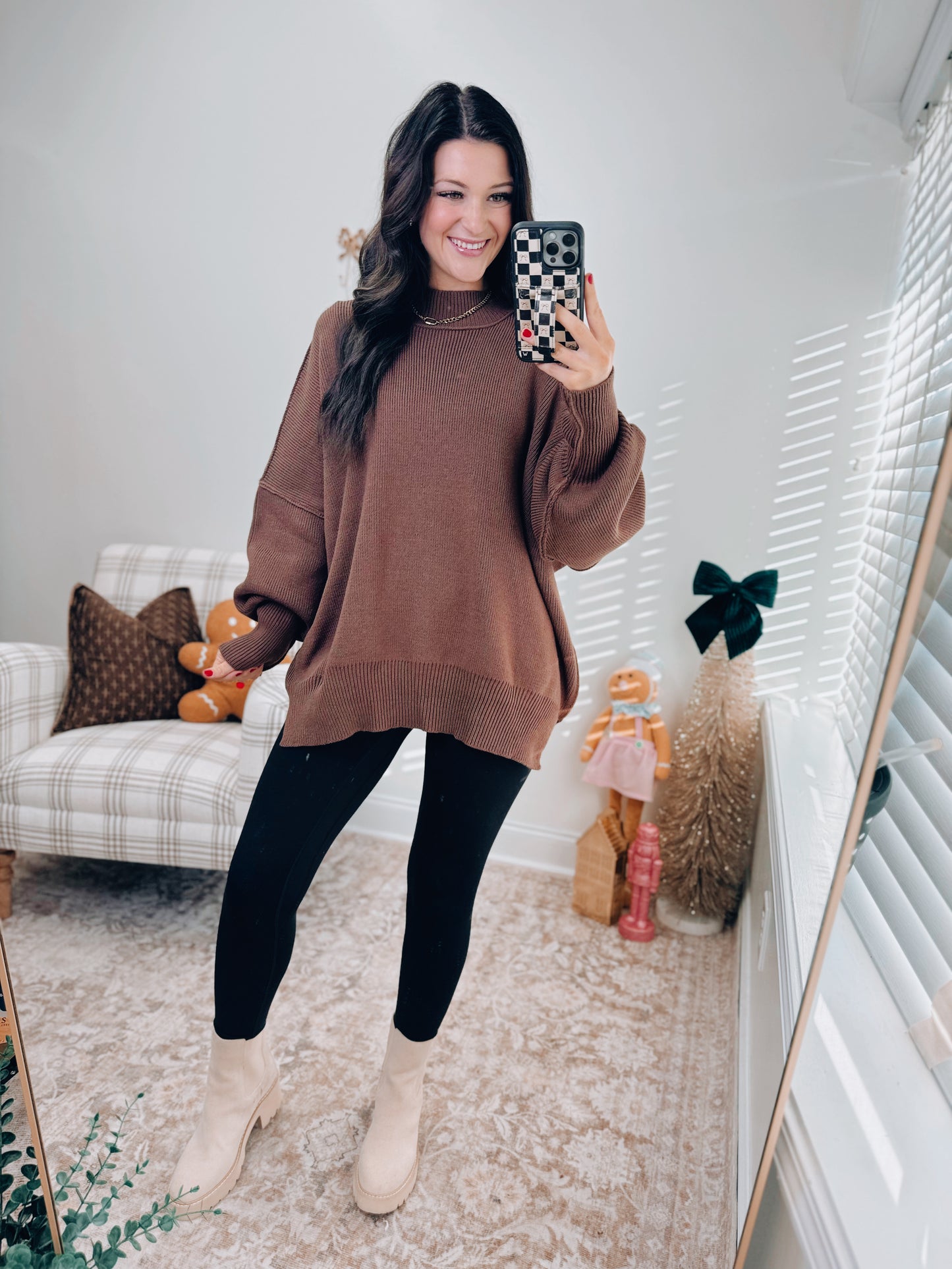 CURVY Millie Ribbed Oversized Sweater Top - Brown