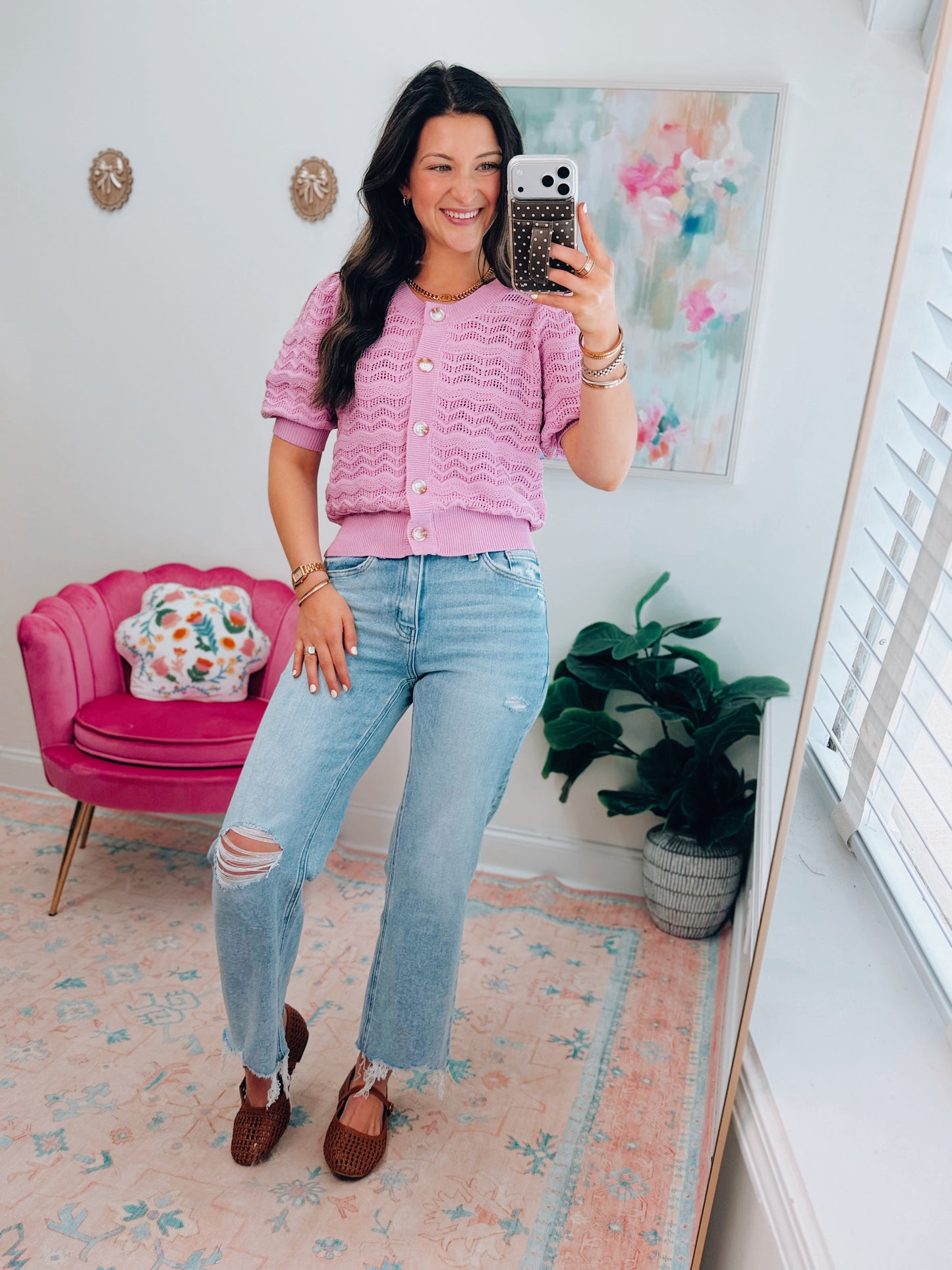 Lilac Pink Crochet Button Top