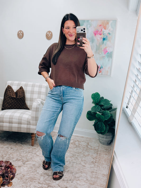 Chocolate Knit Raw Hem Sweater Top