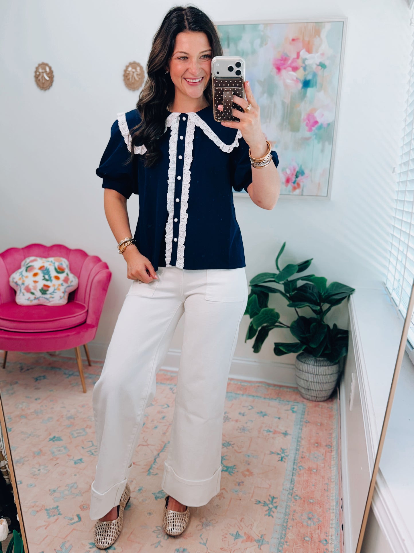 Navy Eyelet Button Top