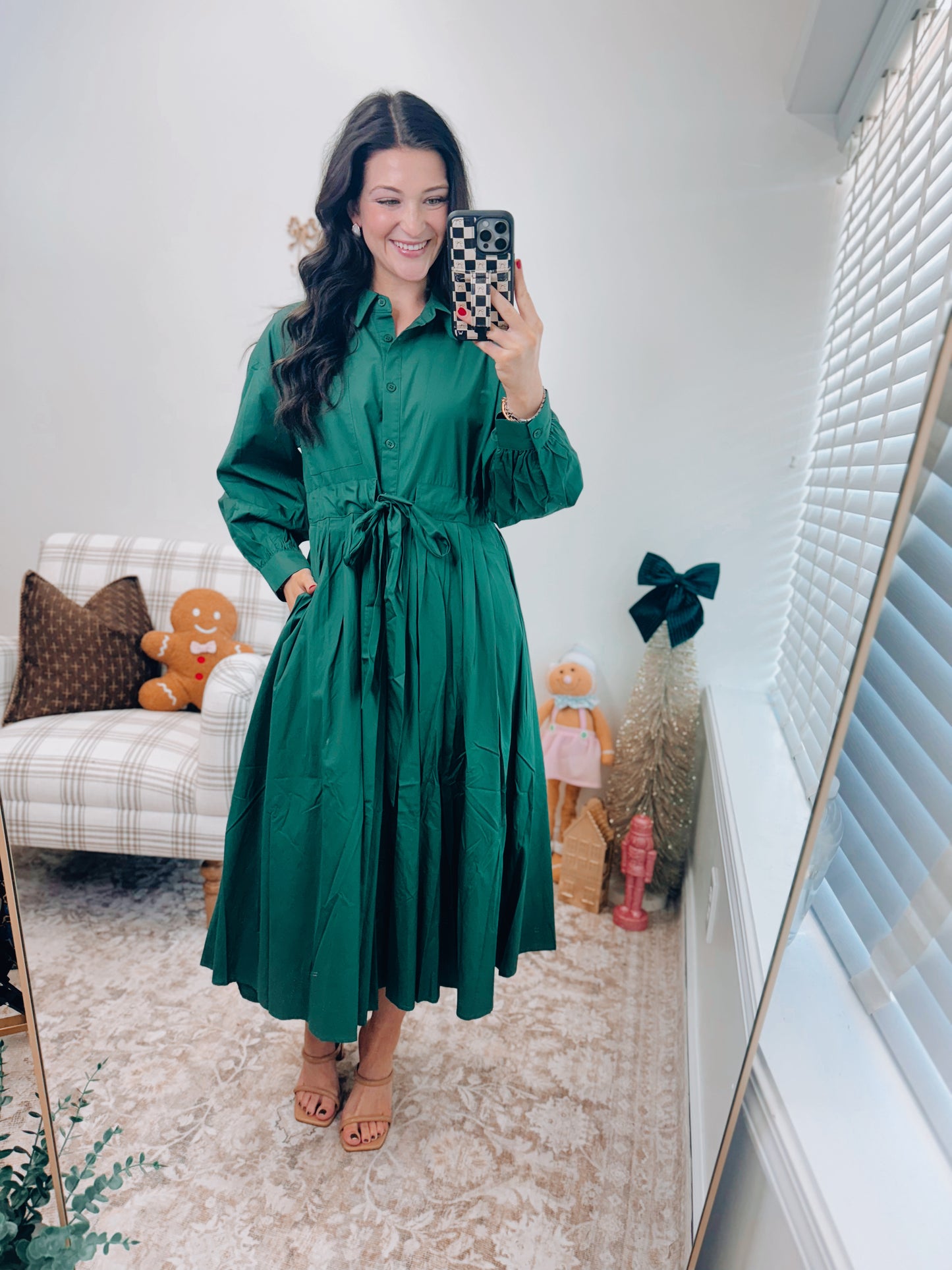 Evergreen Pleated Midi Tie Dress