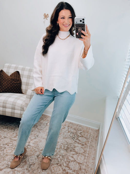 Spruse Scallop Trim Knit Sweater - Ivory