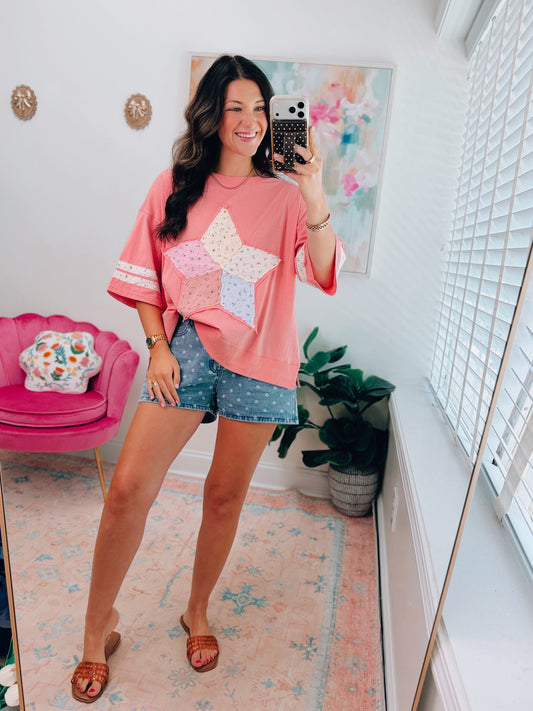 Floral Patch Work Star Knit Top