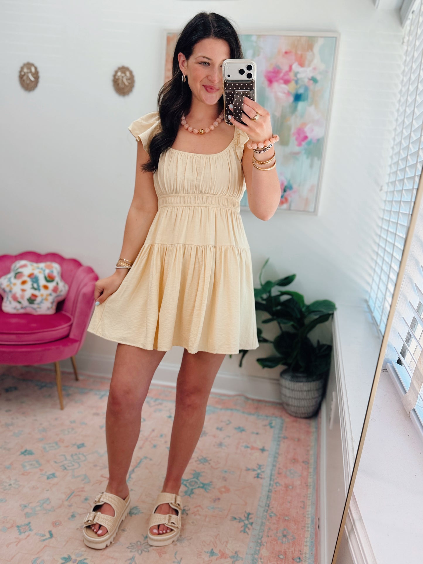 Shirred Flounce Butter Yellow Mini Dress