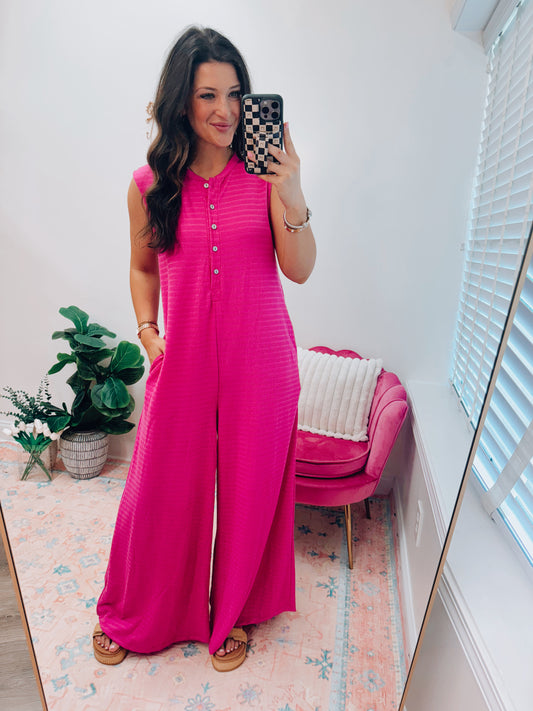 Fuchsia Textured Wide Leg Jumpsuit