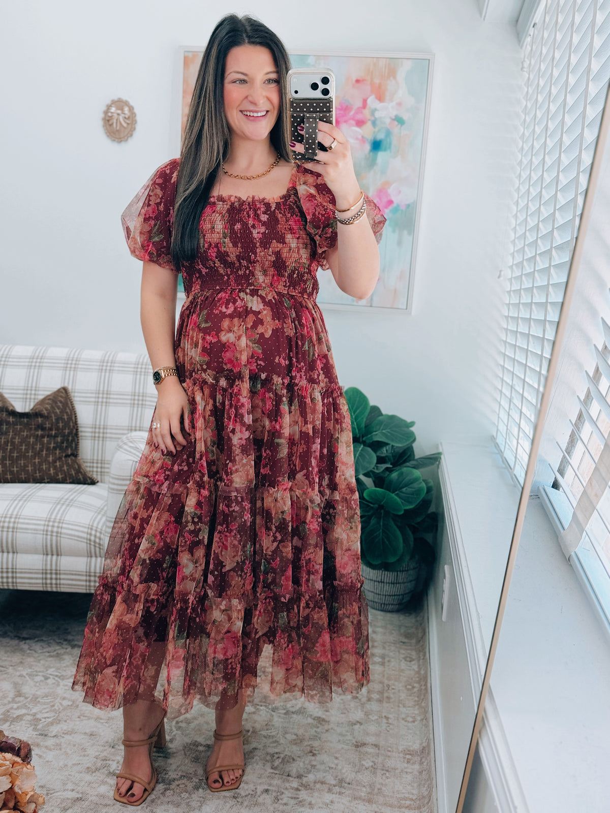 Wine Sheer Floral Smocked Midi Dress