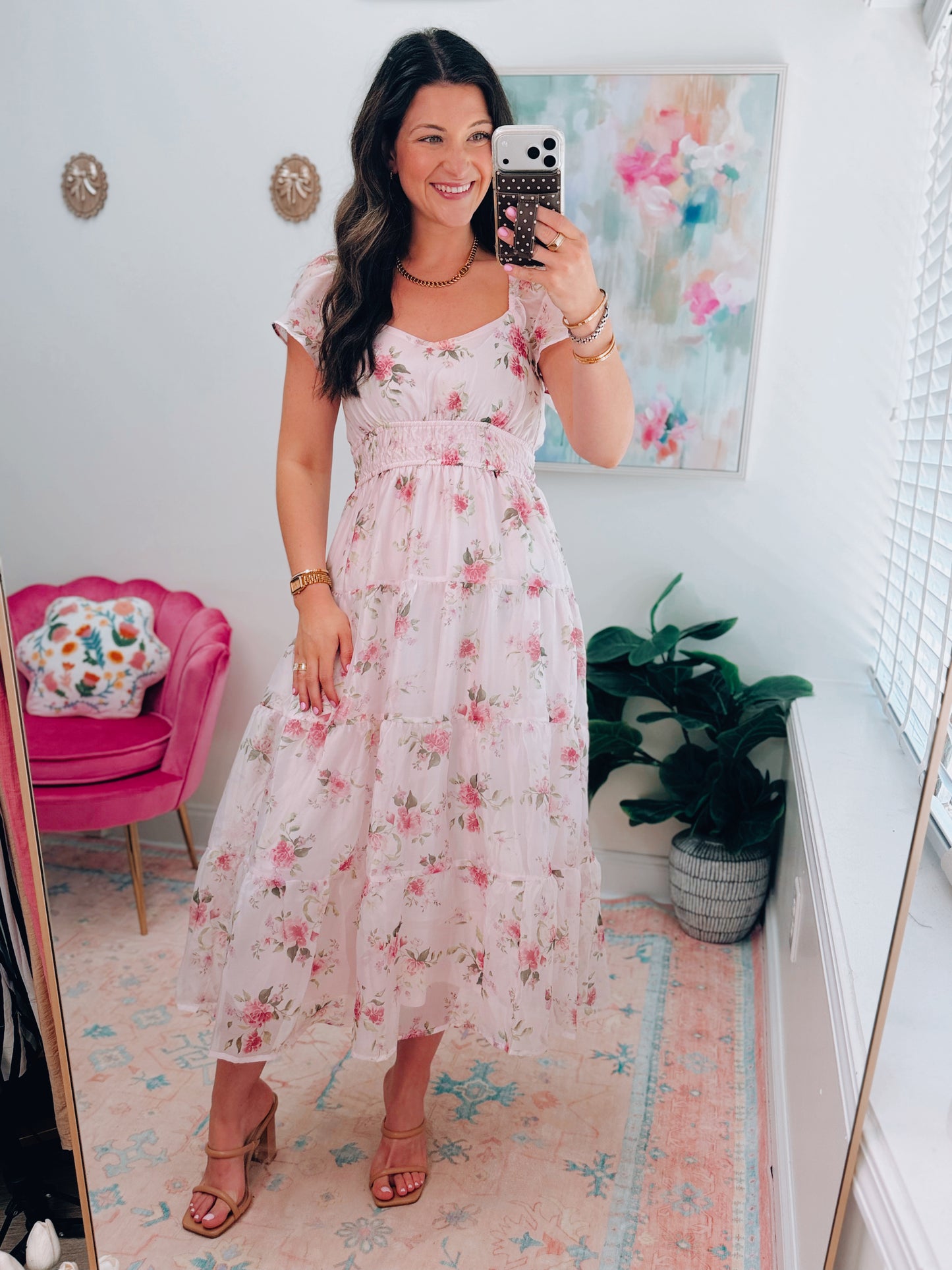 Floral Chiffon Shirred Midi Dress