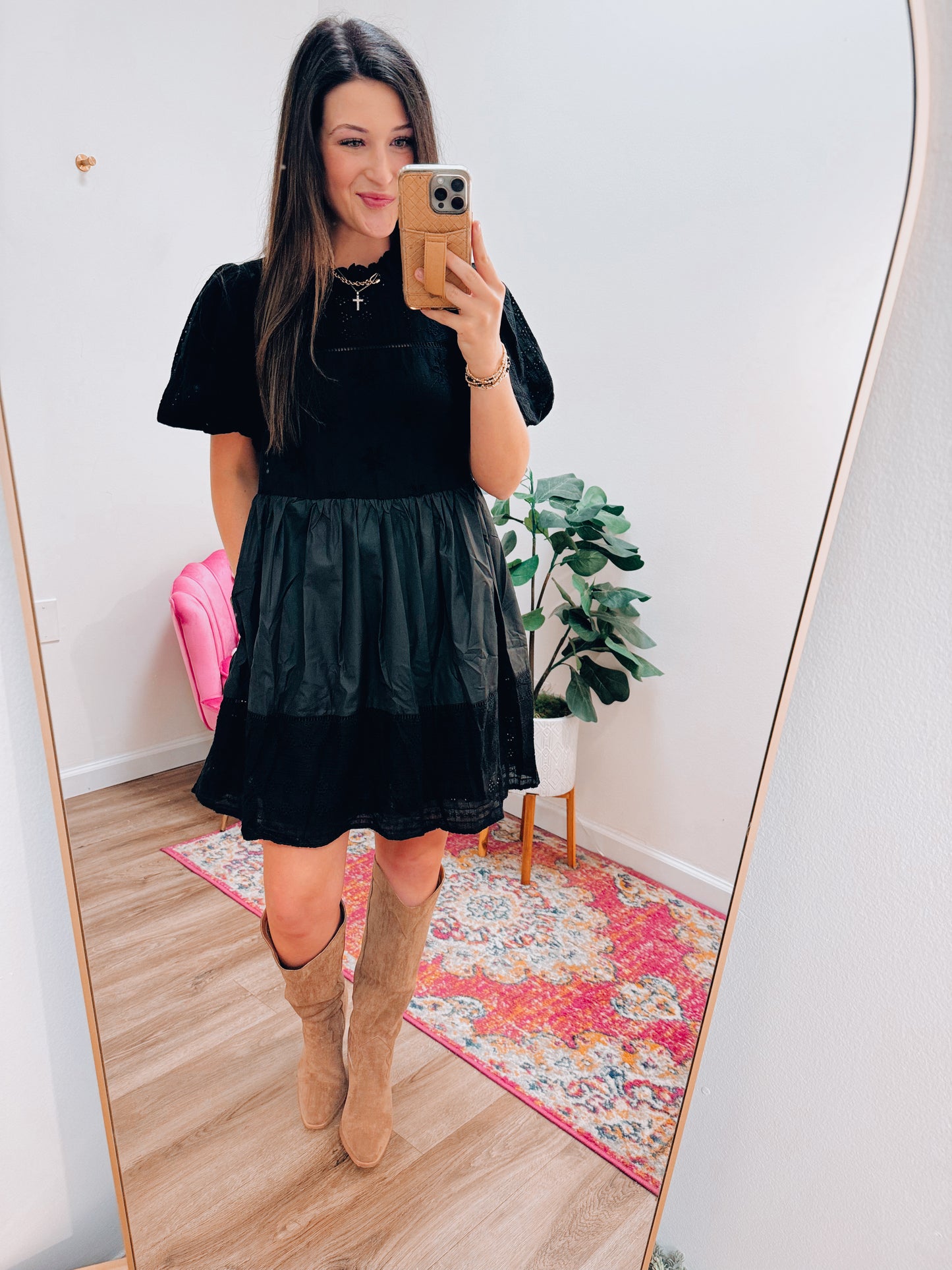 Eyelet Puff Mix Mini Dress - Black