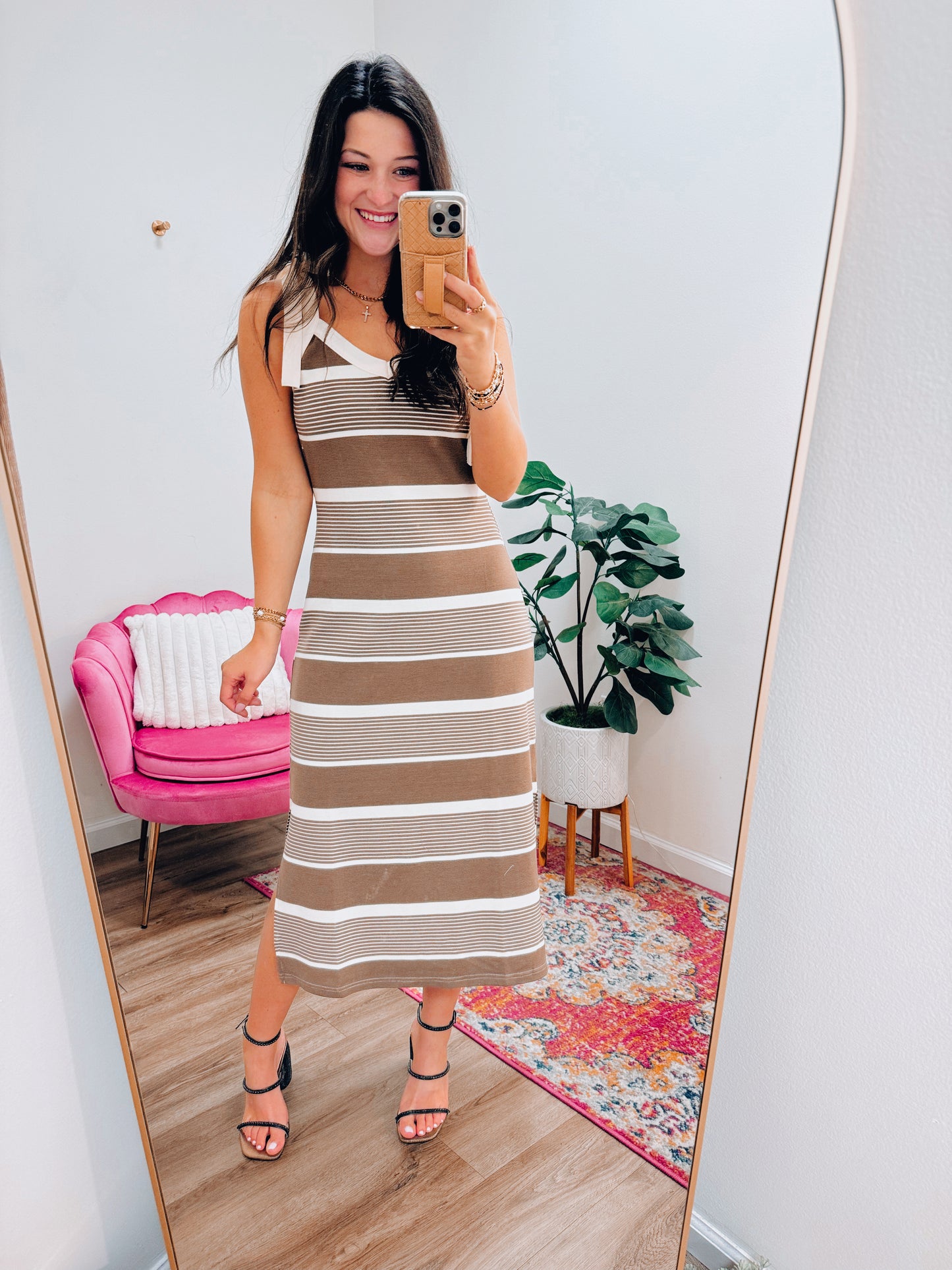 Susie Striped Bow Tie Midi Dress - Mocha