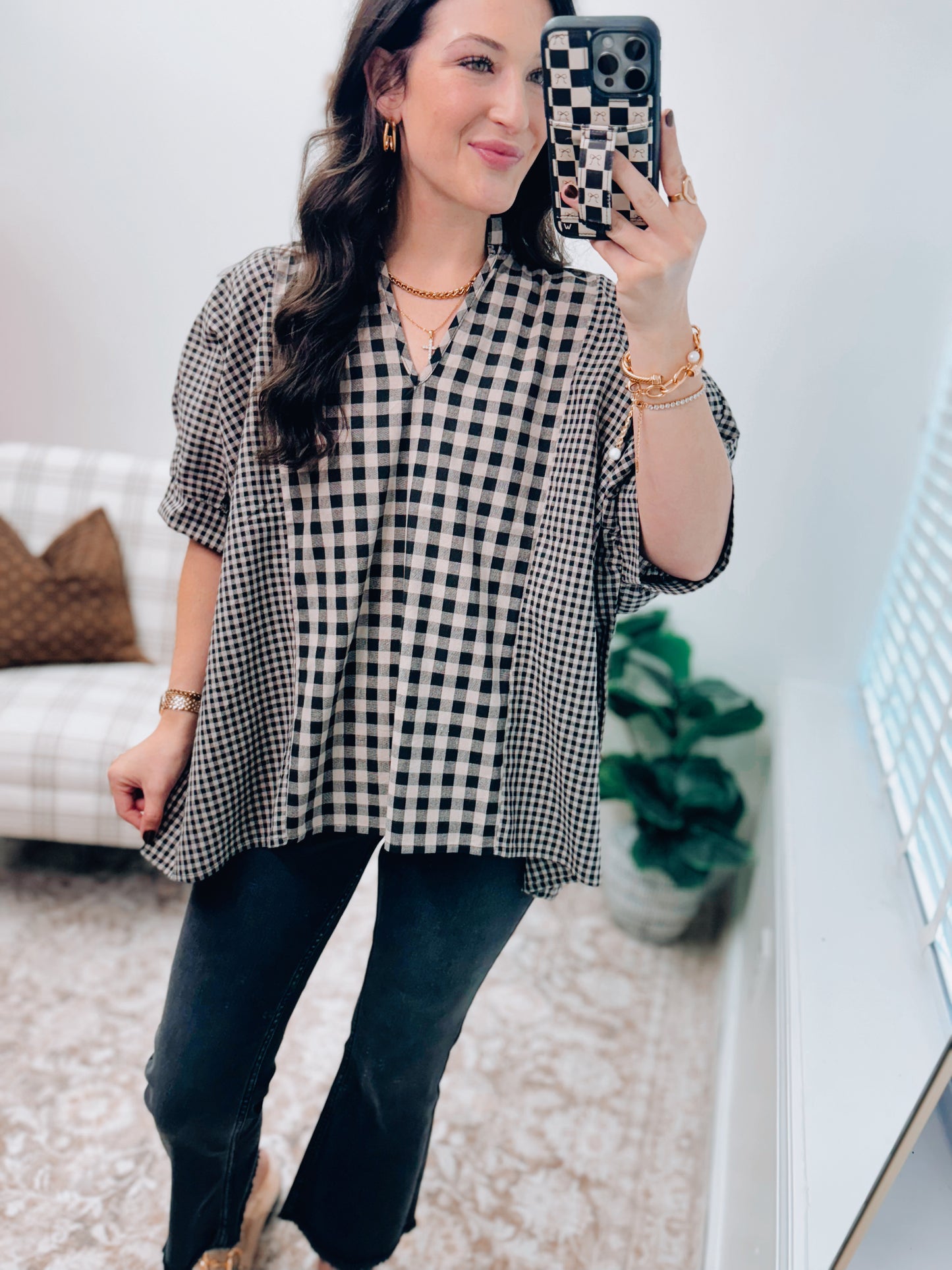 Gingham Mix Media Dolman Top