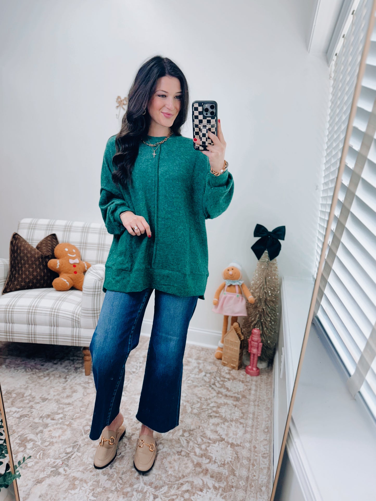Oversized Front Seam Brushed Sweater - Green