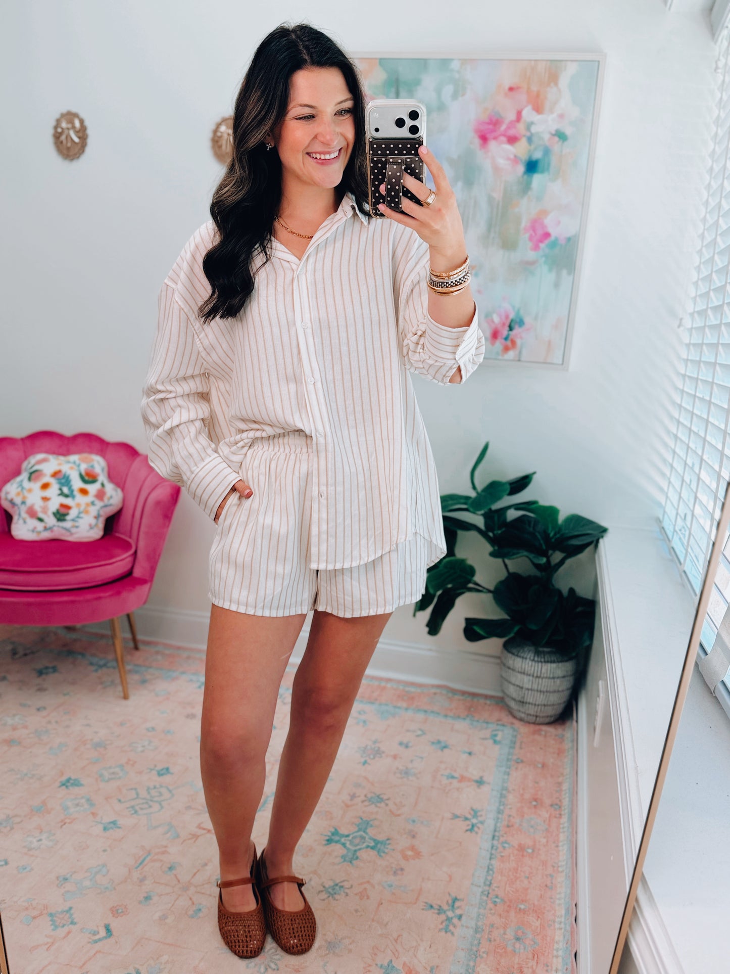 Henley Striped Button Up Shorts Set - Tan