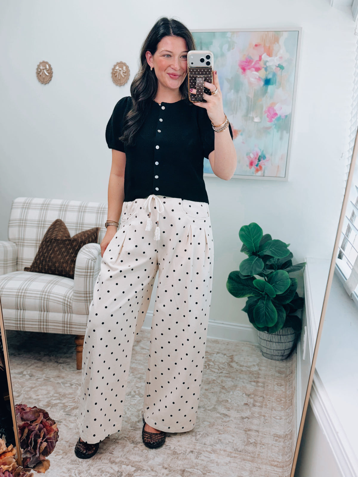 Pleated Polka Dot Wide Leg Pants