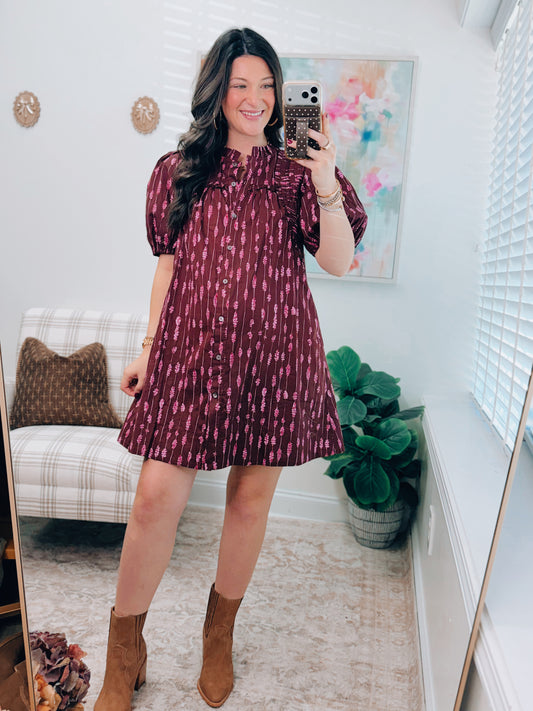 Merlot Pleated Mix Mini Dress