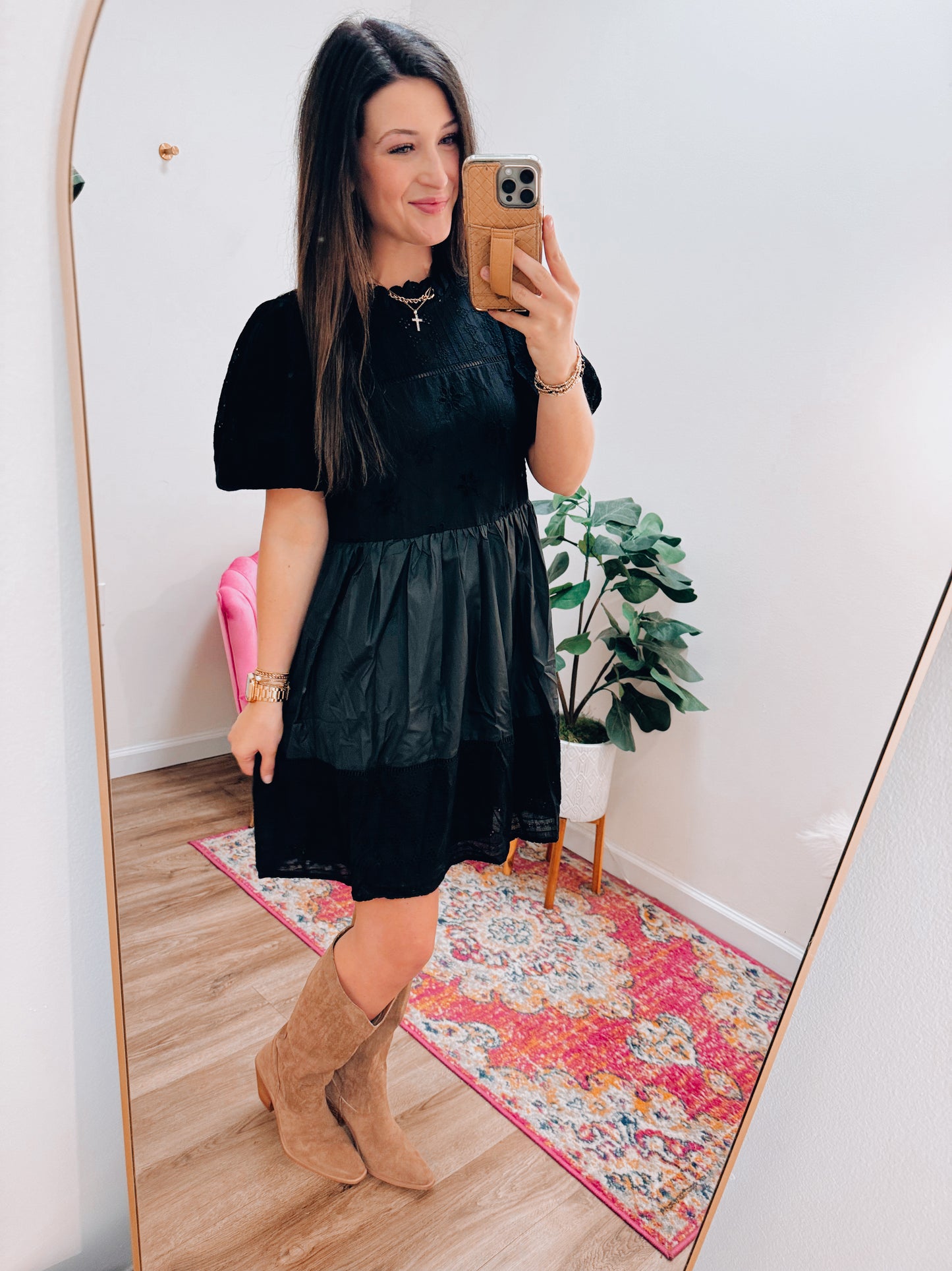 Eyelet Puff Mix Mini Dress - Black