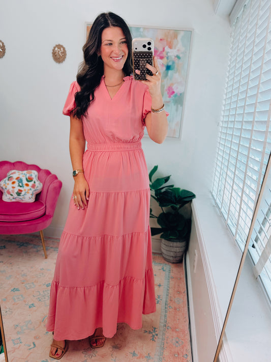 Pink Smocked Tiered Maxi Dress