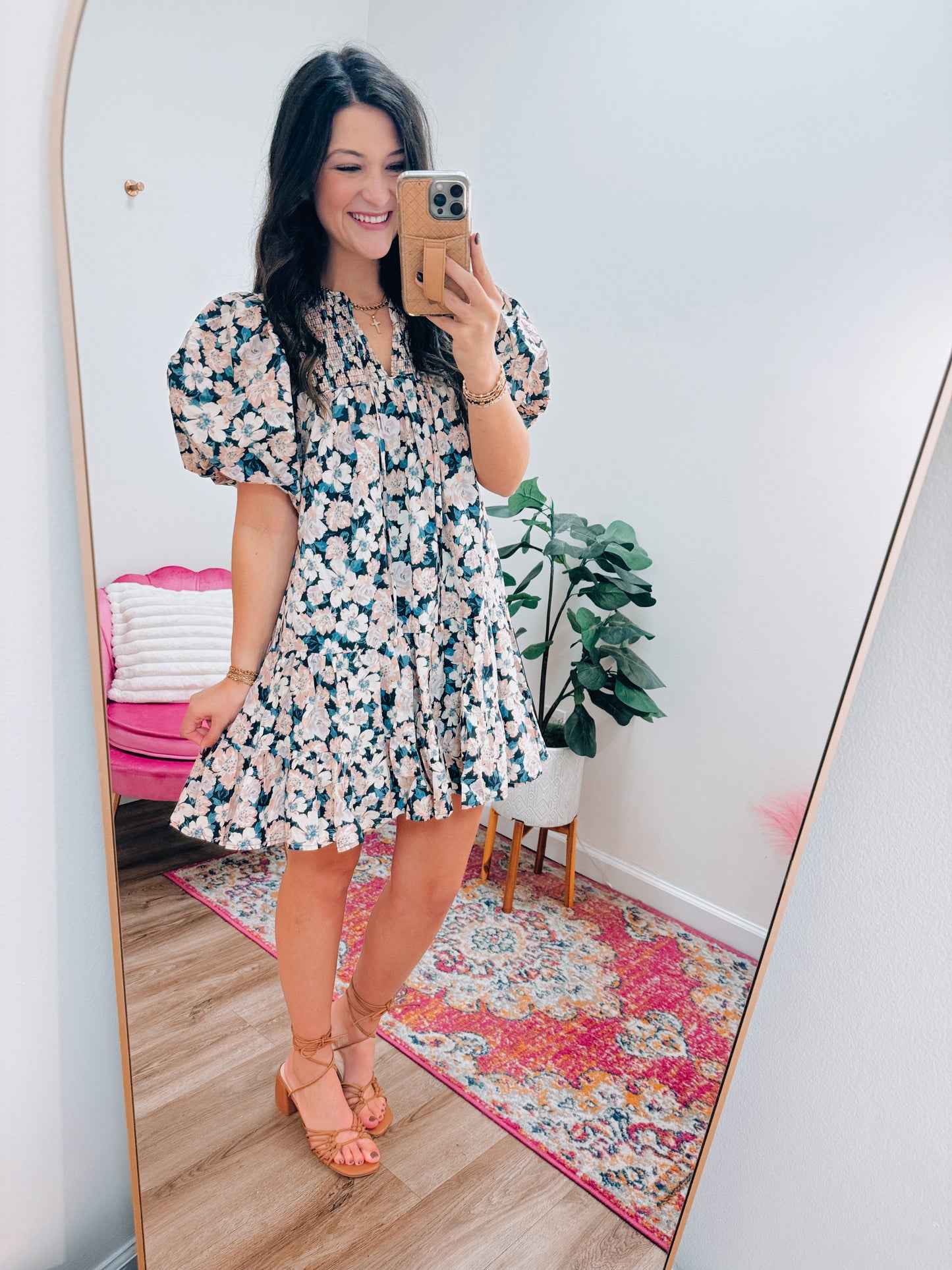 Charcoal Blue Floral Puff Sleeve Mini Dress