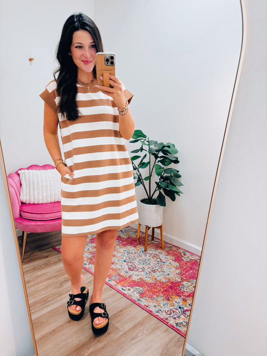 Breezy Camel Striped Ribbed Dress