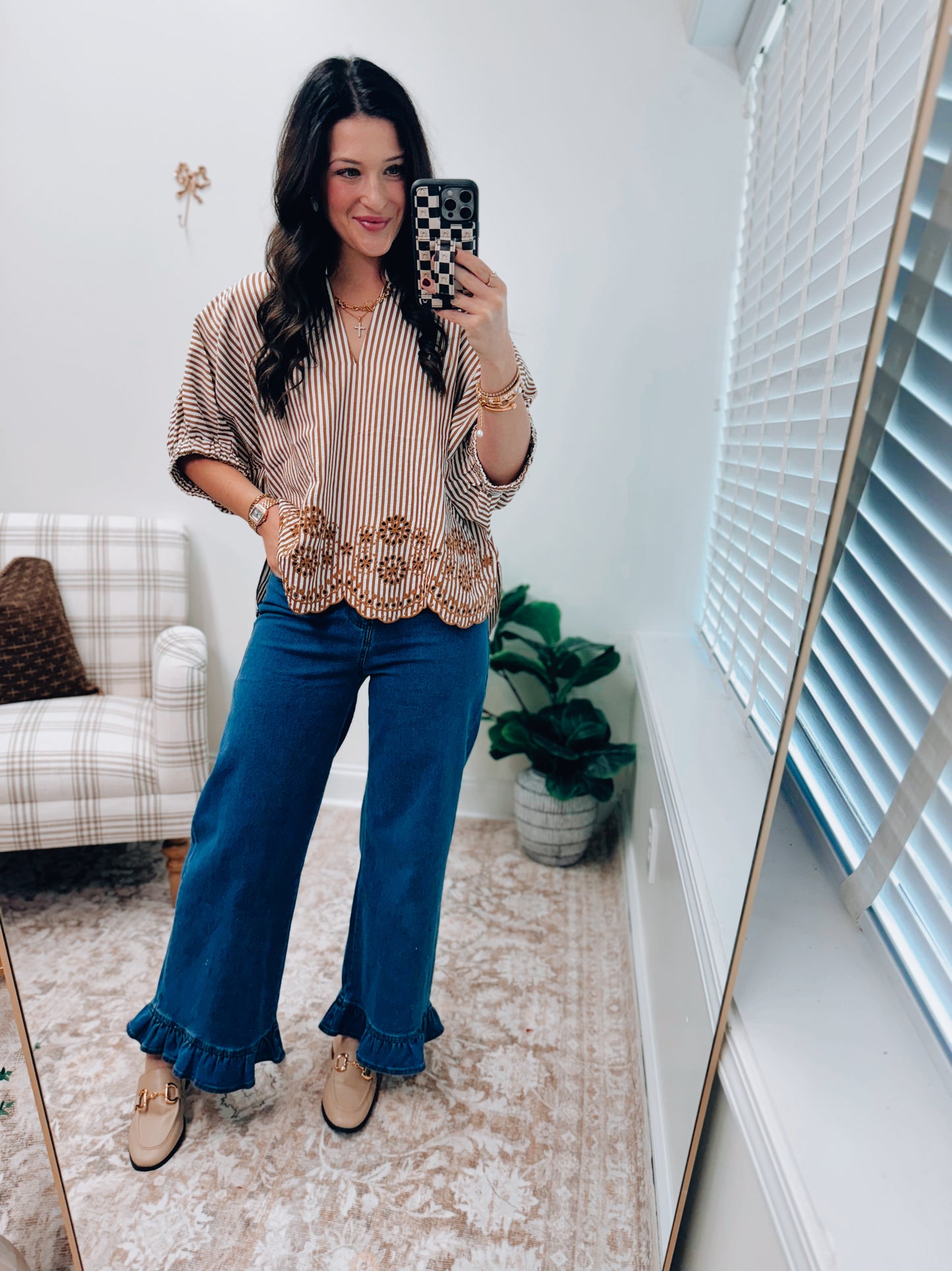 CURVY Lennon Striped Eyelet Dolman Top - Camel