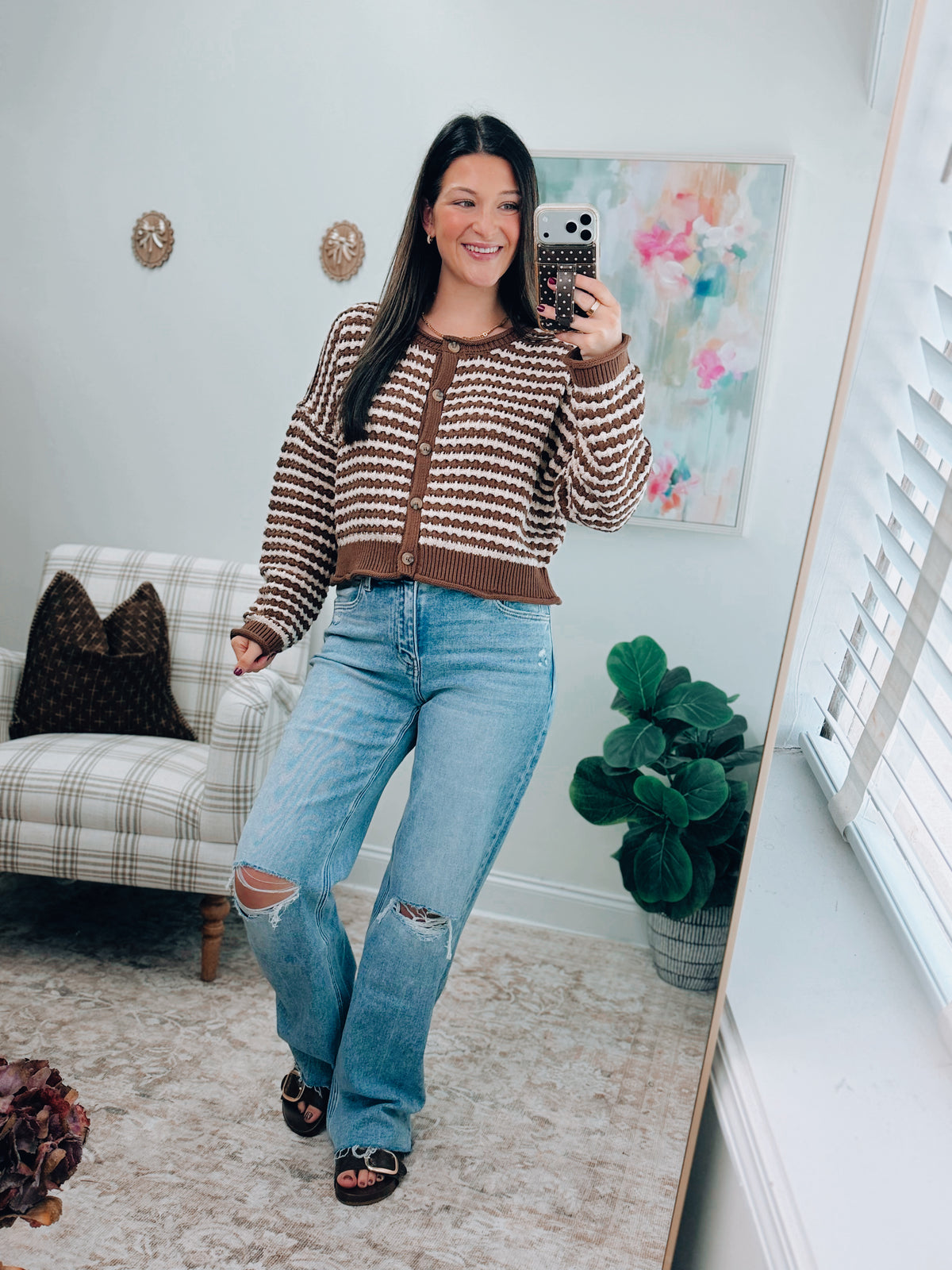 Nell Striped Crochet Knit Cardigan Top