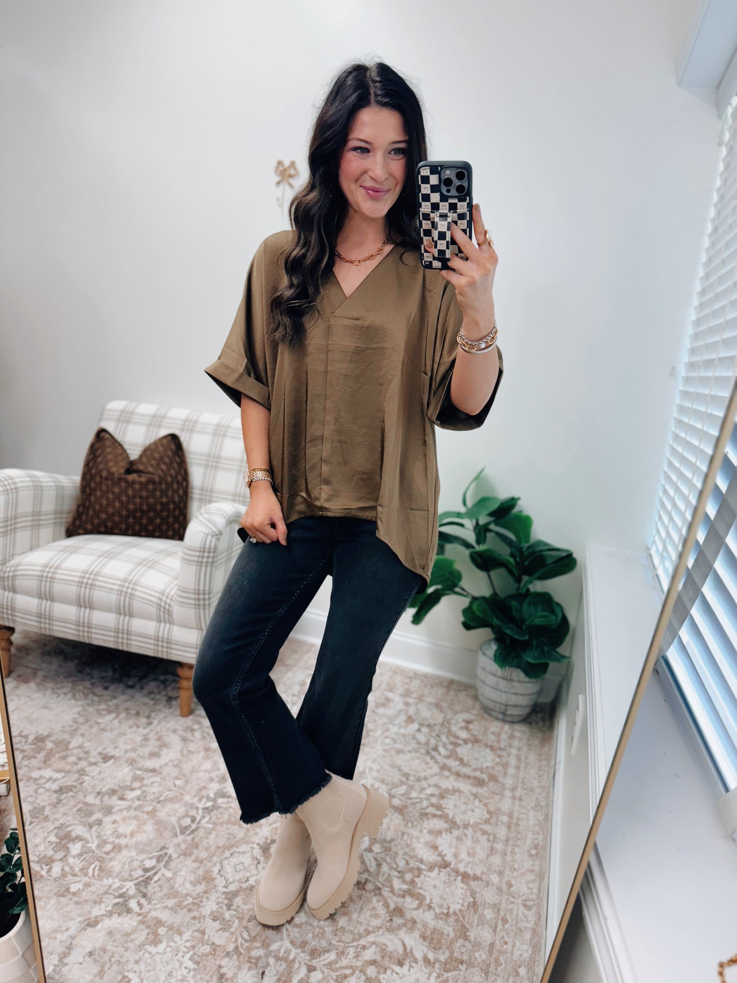 Grove Oversized Satin Top - Olive