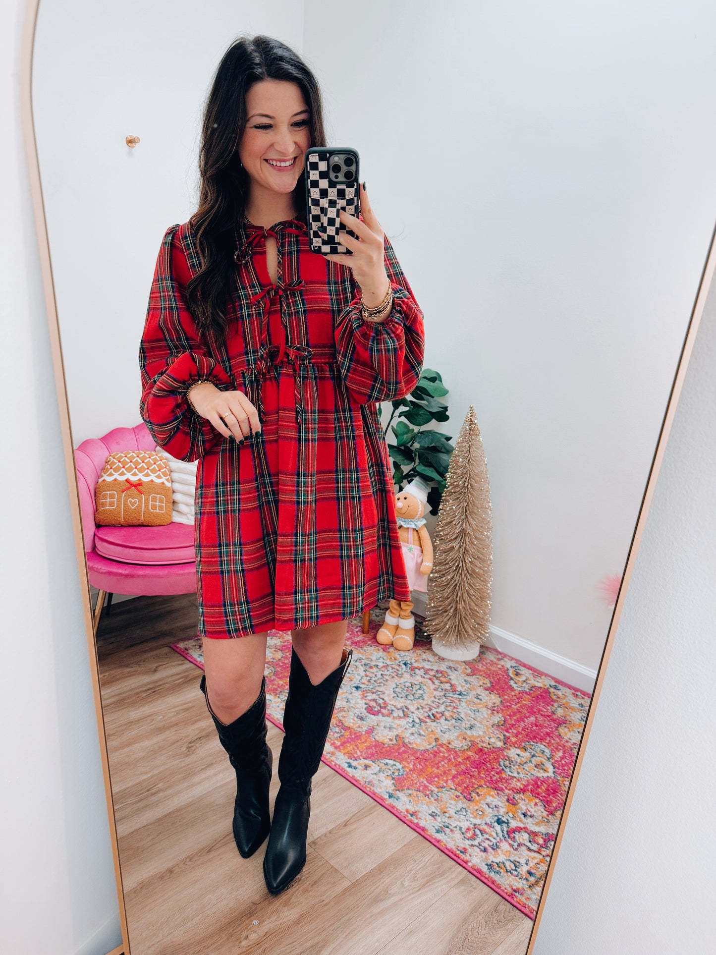 Christmas Plaid Bow Tie Mini Dress