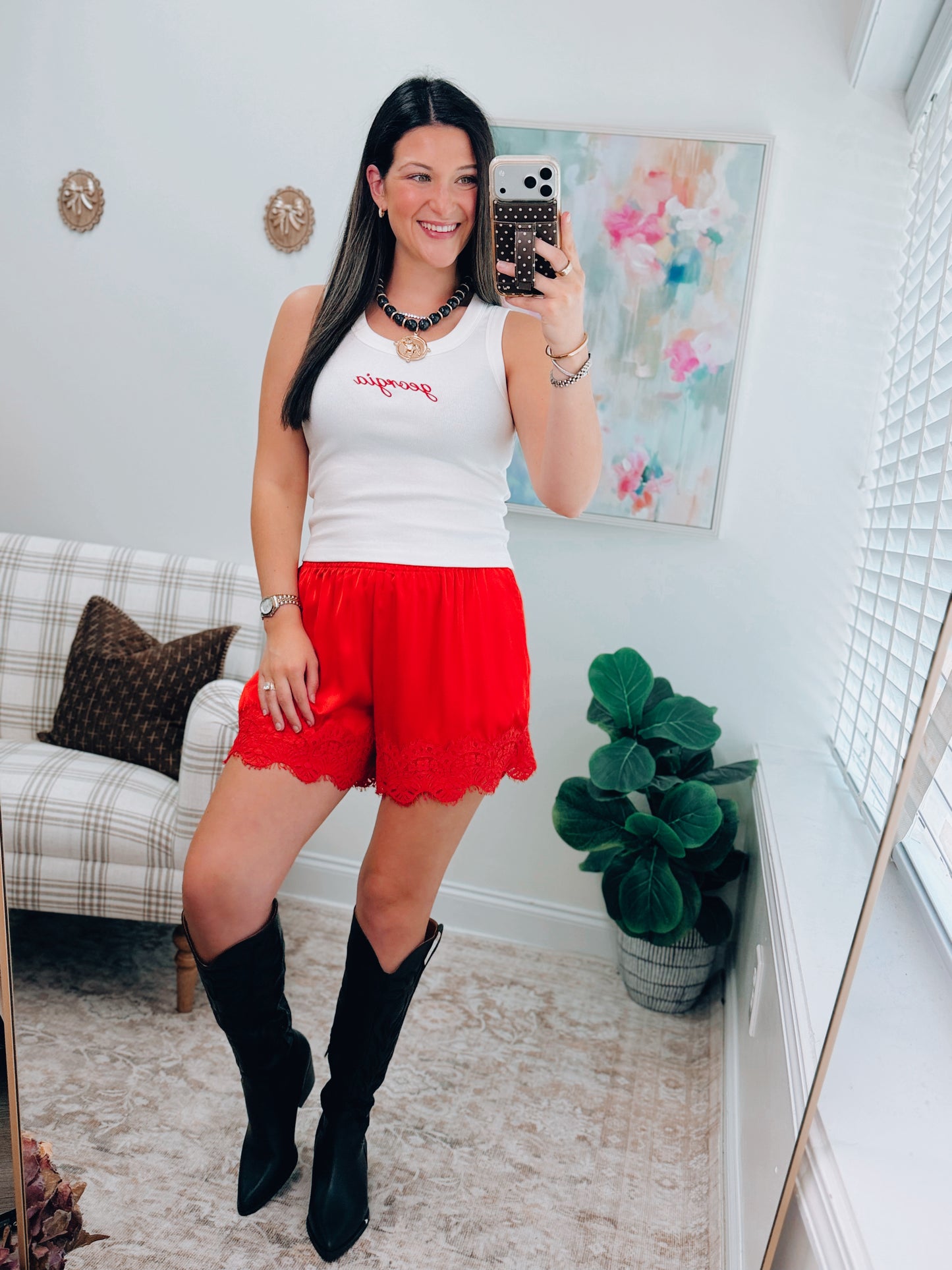 Satin Lace Shorts - Red