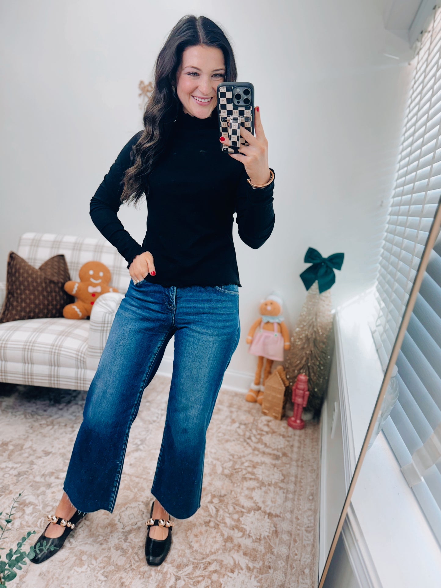 Milton Ruffle Mock Neck Layer Top - Black