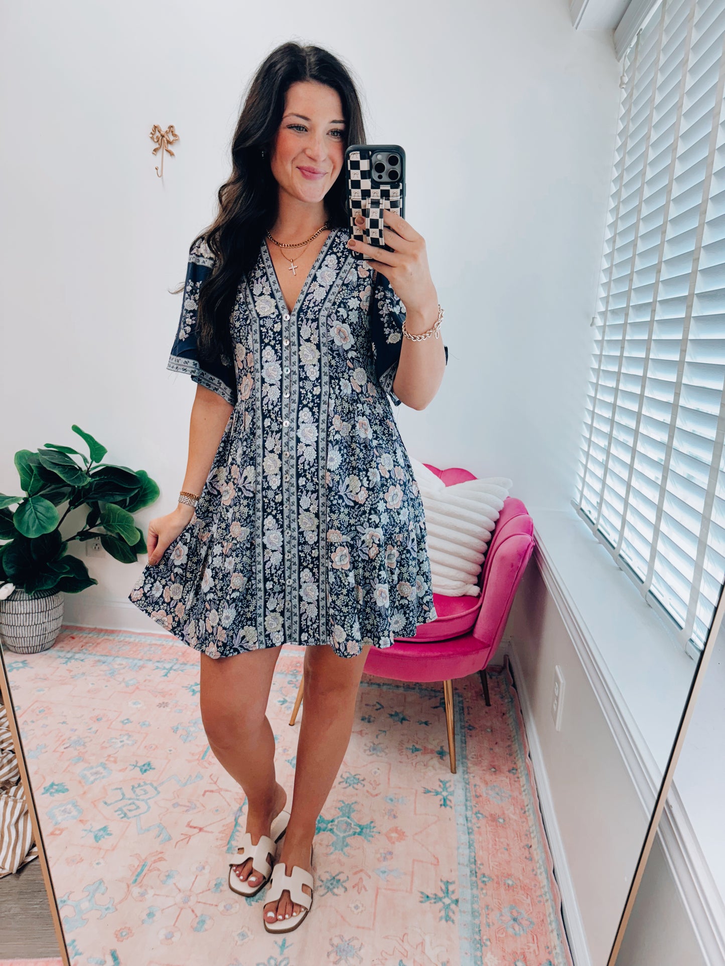 Shirring Printed Woven Mini Dress - Navy