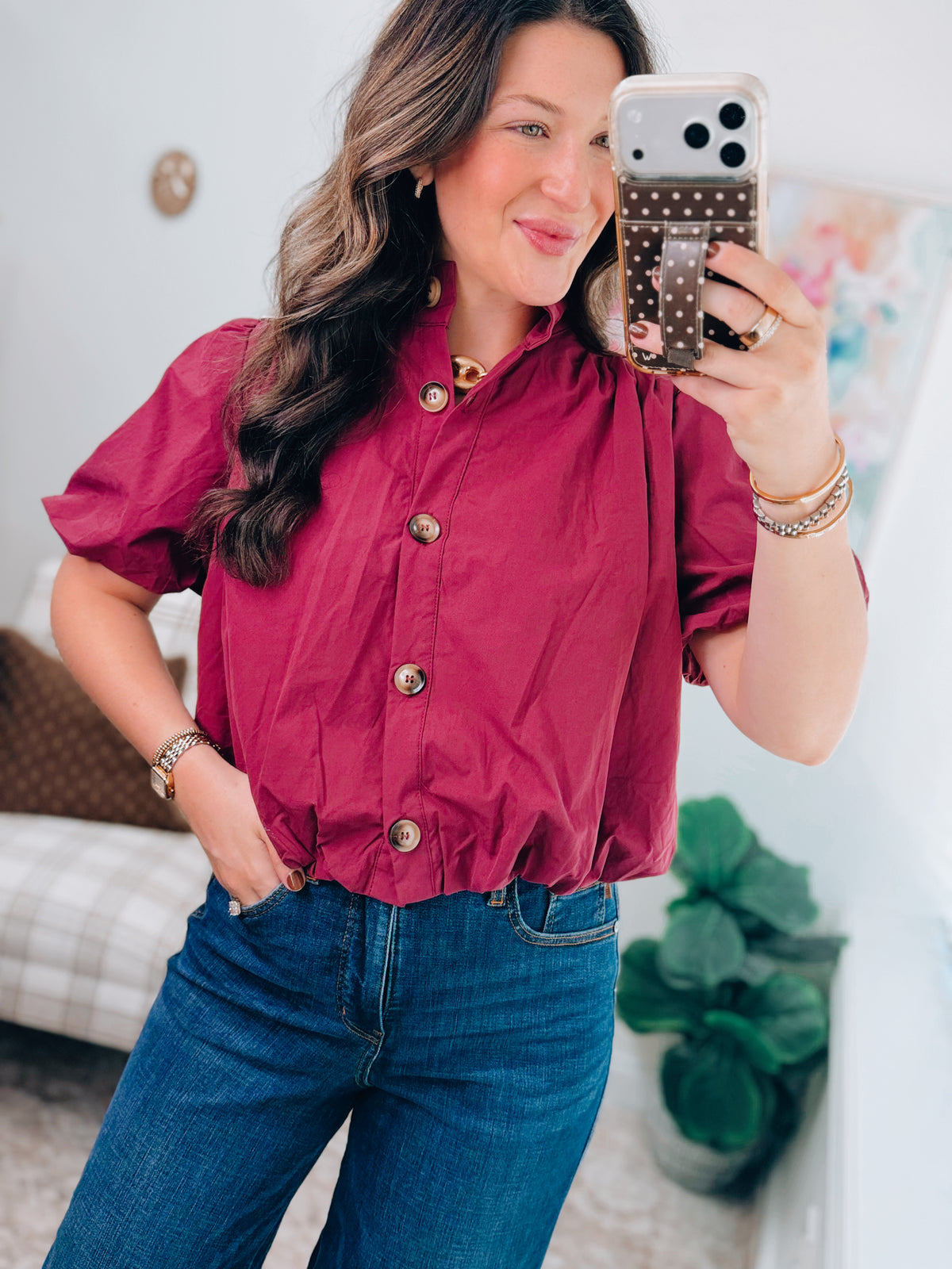 Gracie Button Bubble Hem Top - Wine