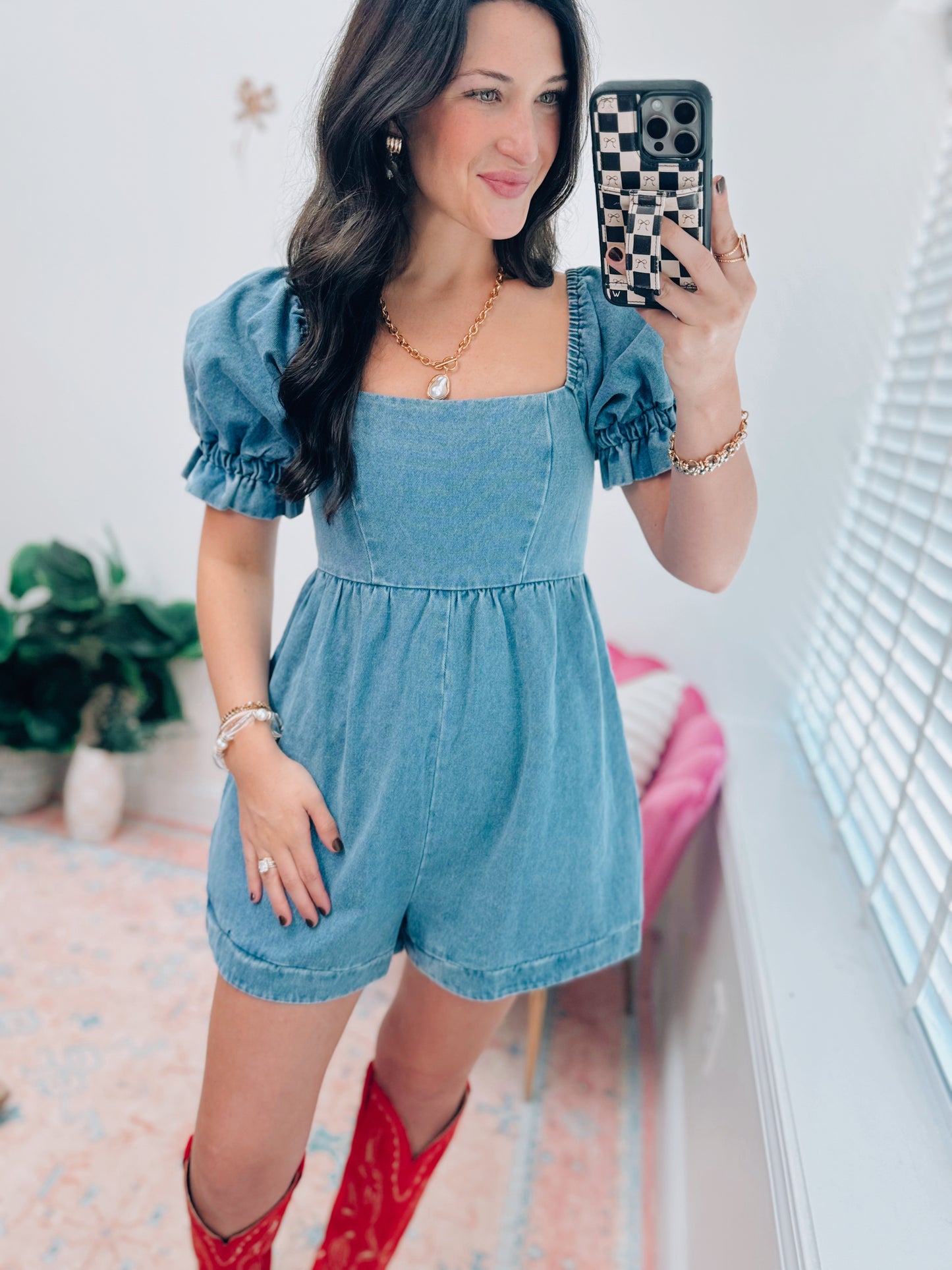 Denim Puff Sleeve Romper