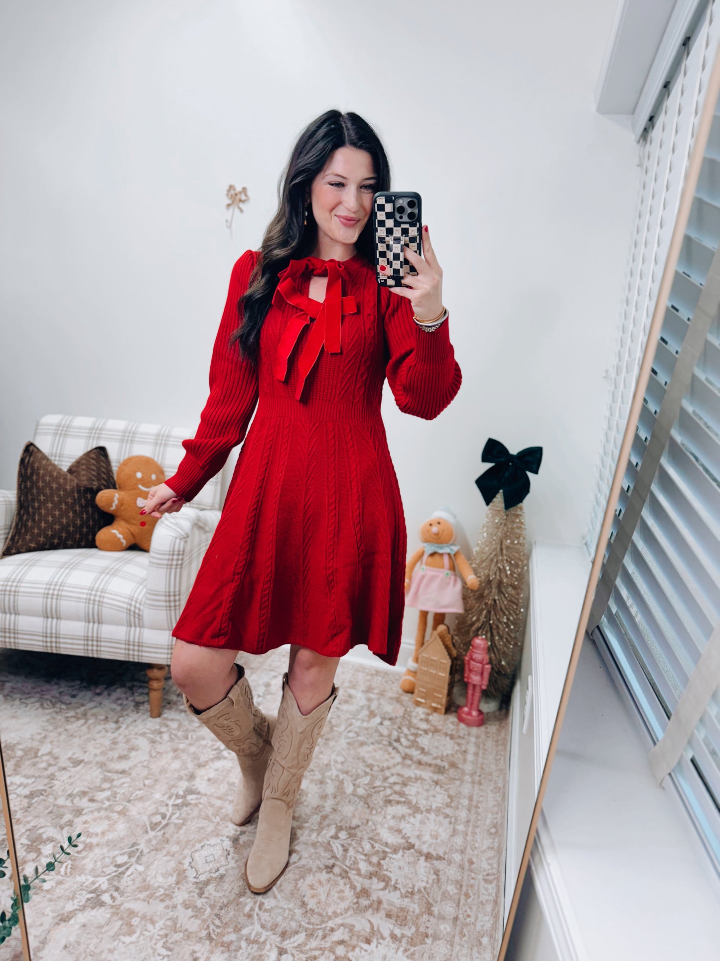 Velvet Bows Cable Mini Sweater Dress