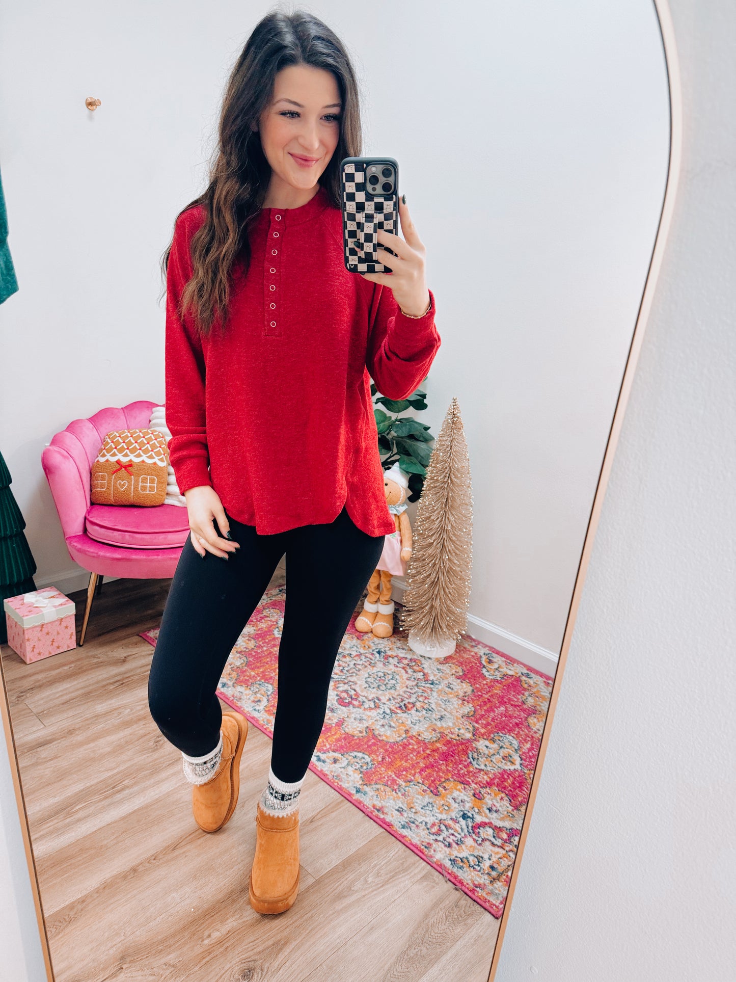 Button Brushed Sweater - Red