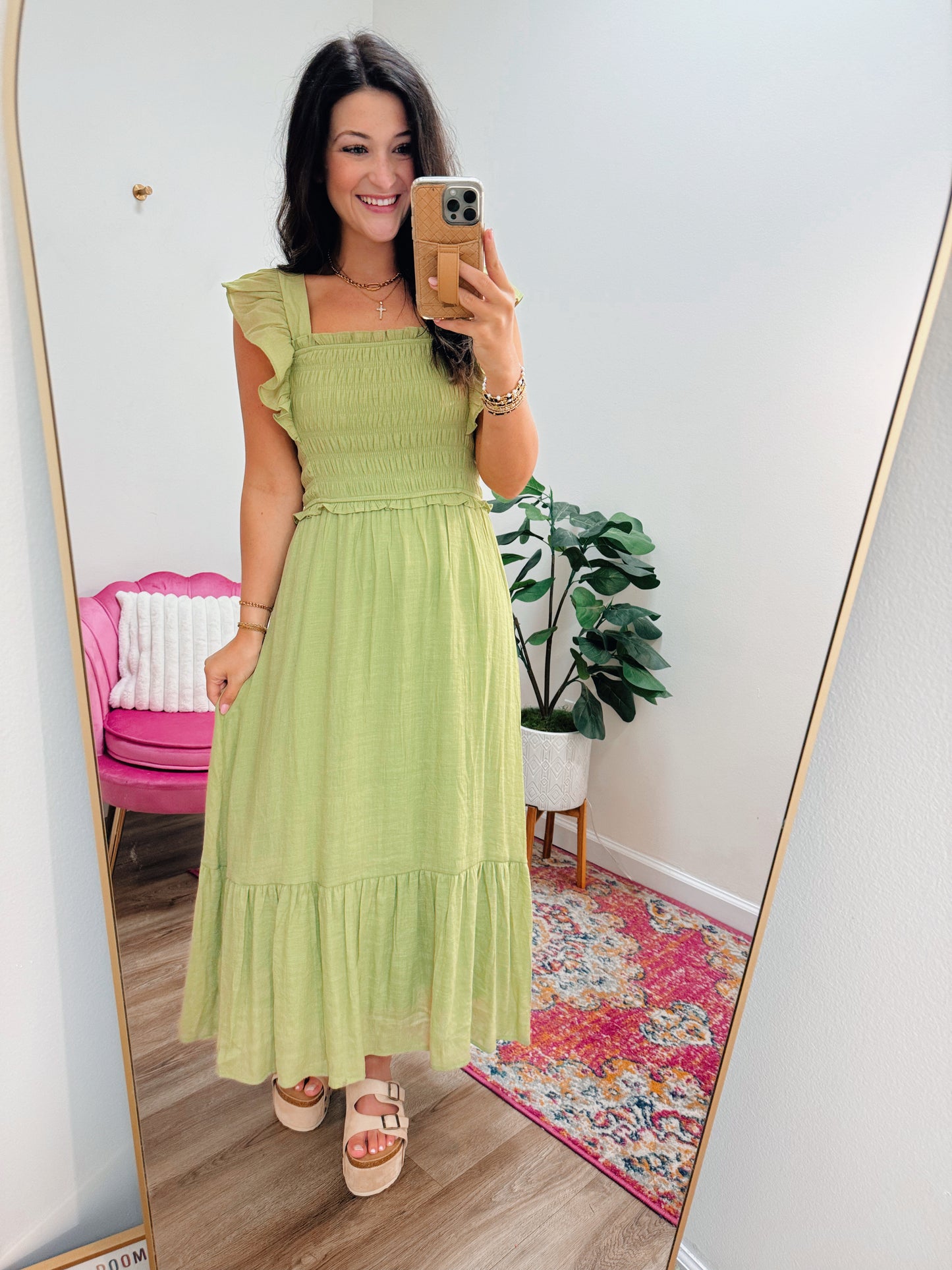 August Skies Smocked Midi Dress - Kiwi