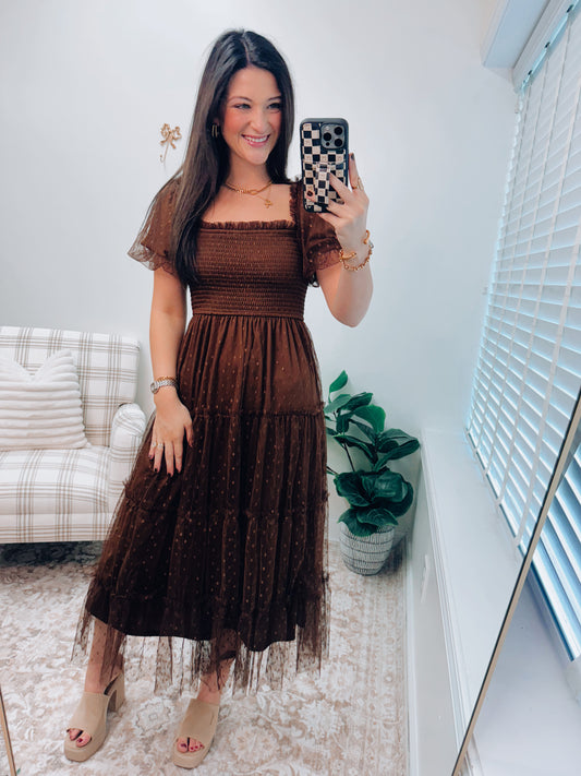 Chestnut Frill Dotted Midi Dress