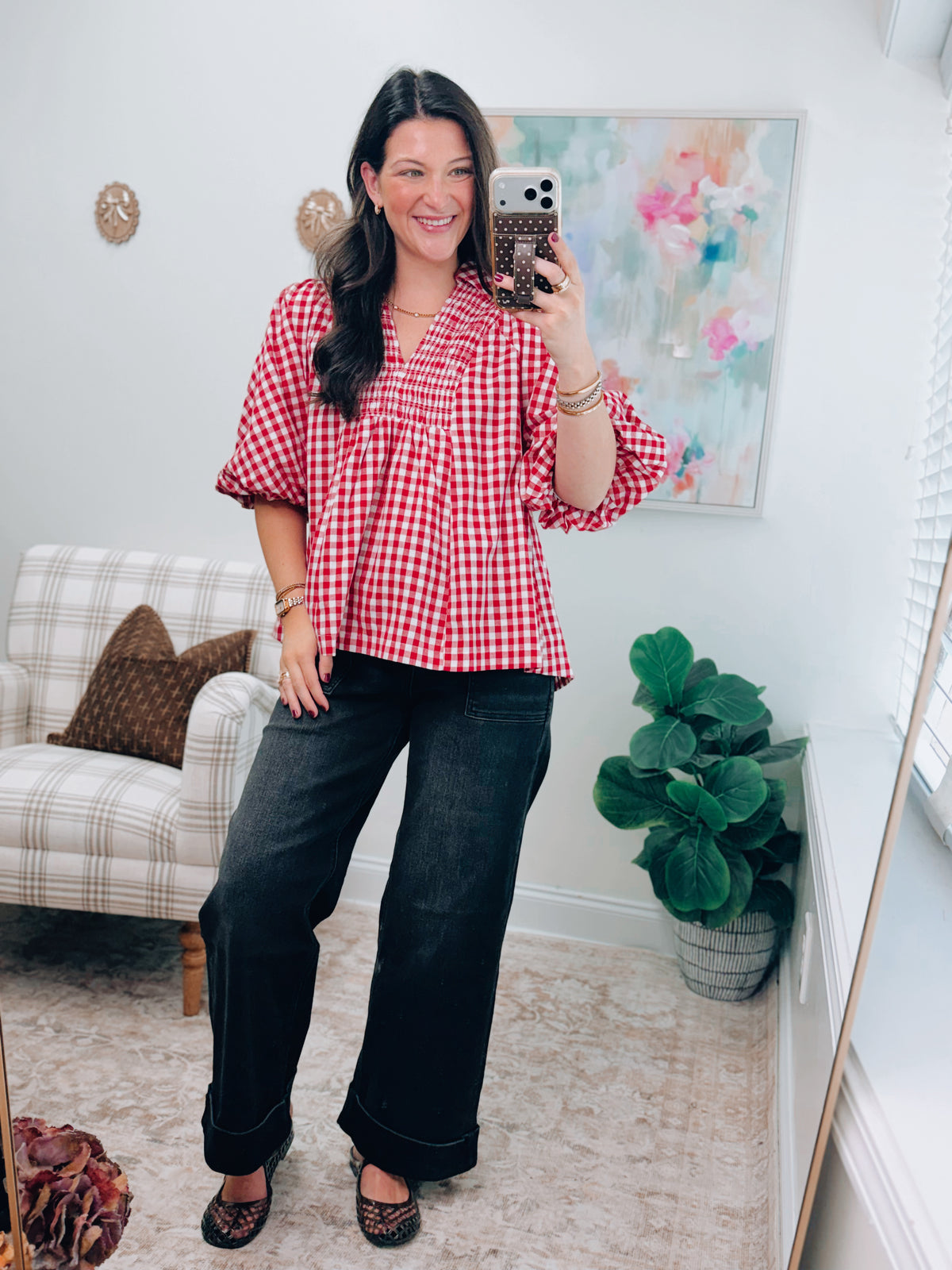 Rue Red Gingham Puff Sleeve Top