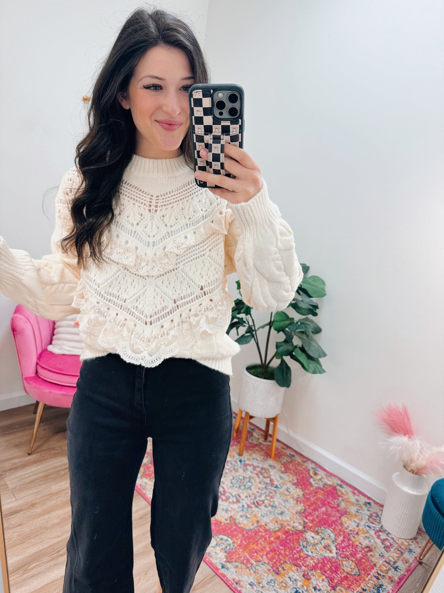 Lace Trim Pointelle Sweater