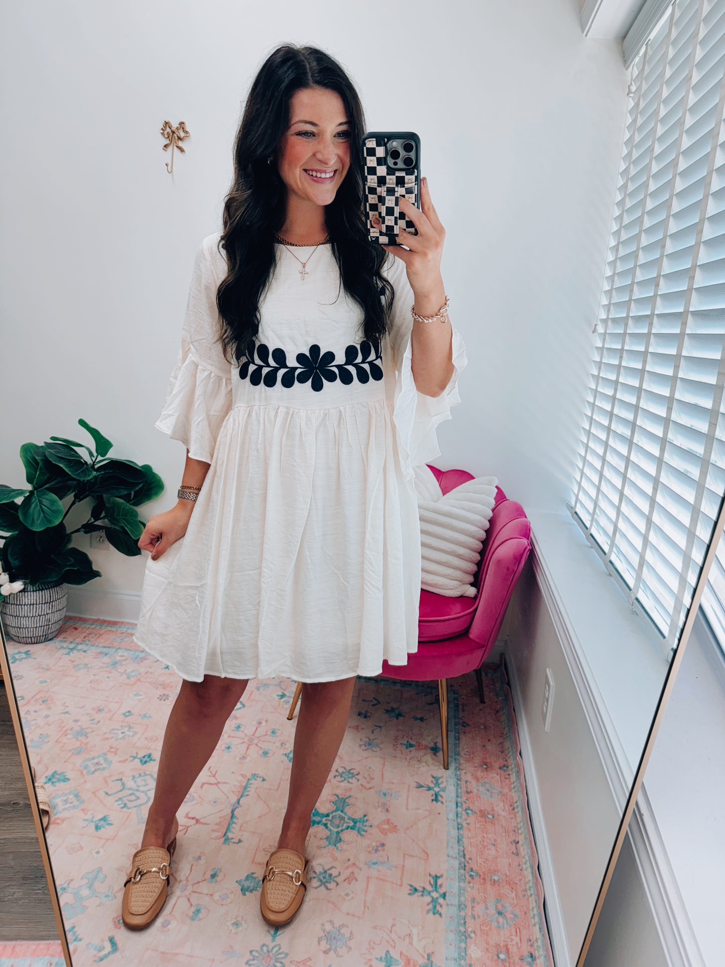 Navy Embroidered Flutter Mini Dress