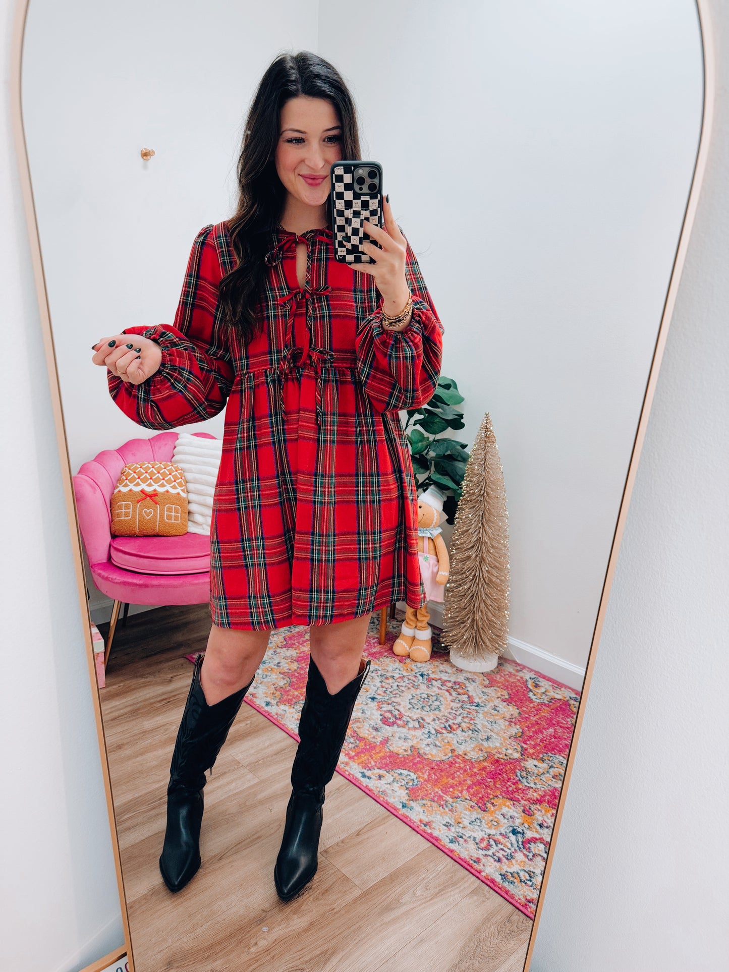 Christmas Plaid Bow Tie Mini Dress