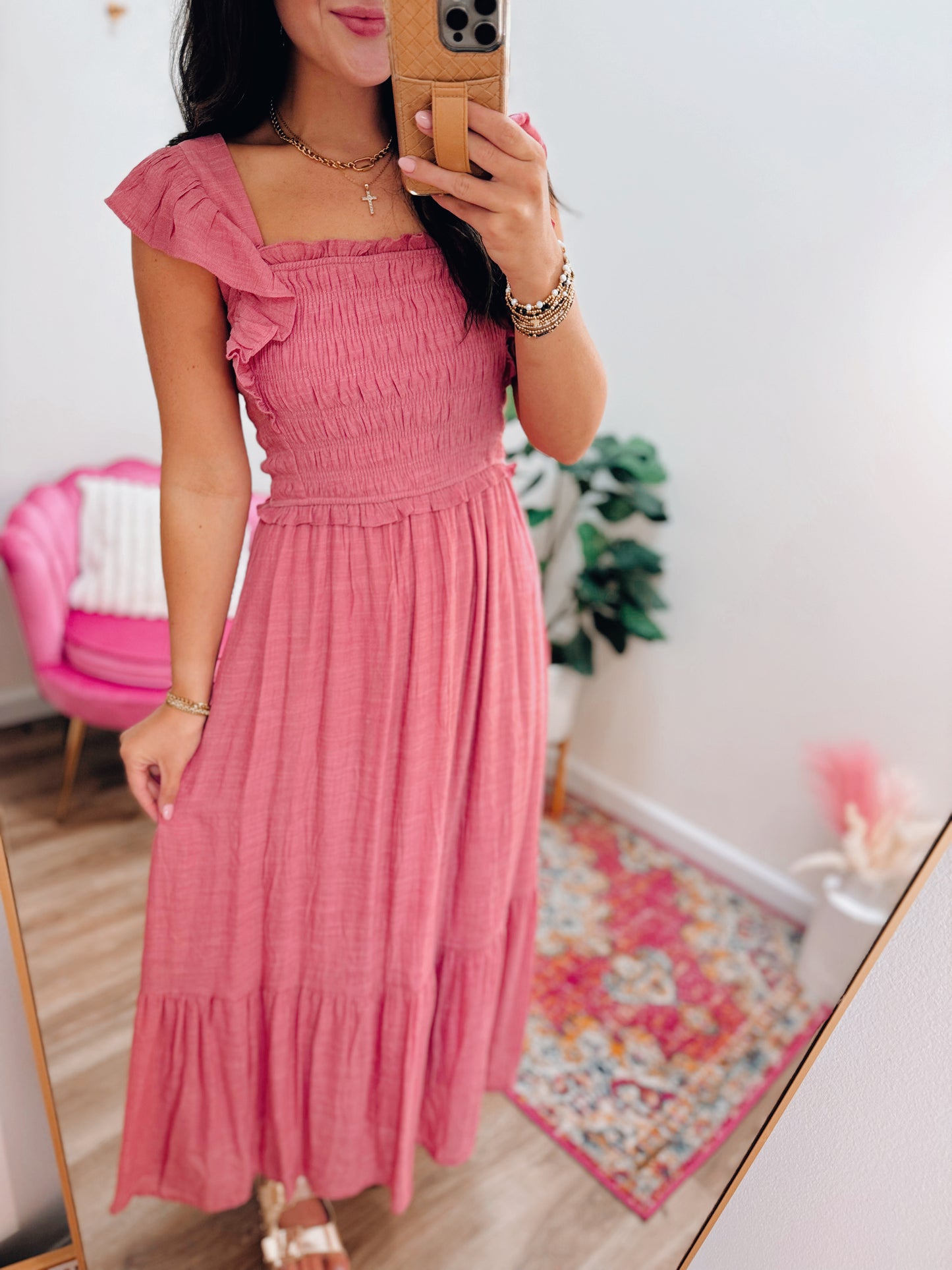 August Skies Smocked Midi Dress - Rose