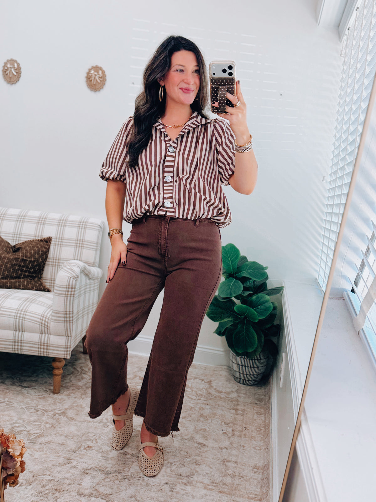 Mocha Stripe Bubble Hem Top