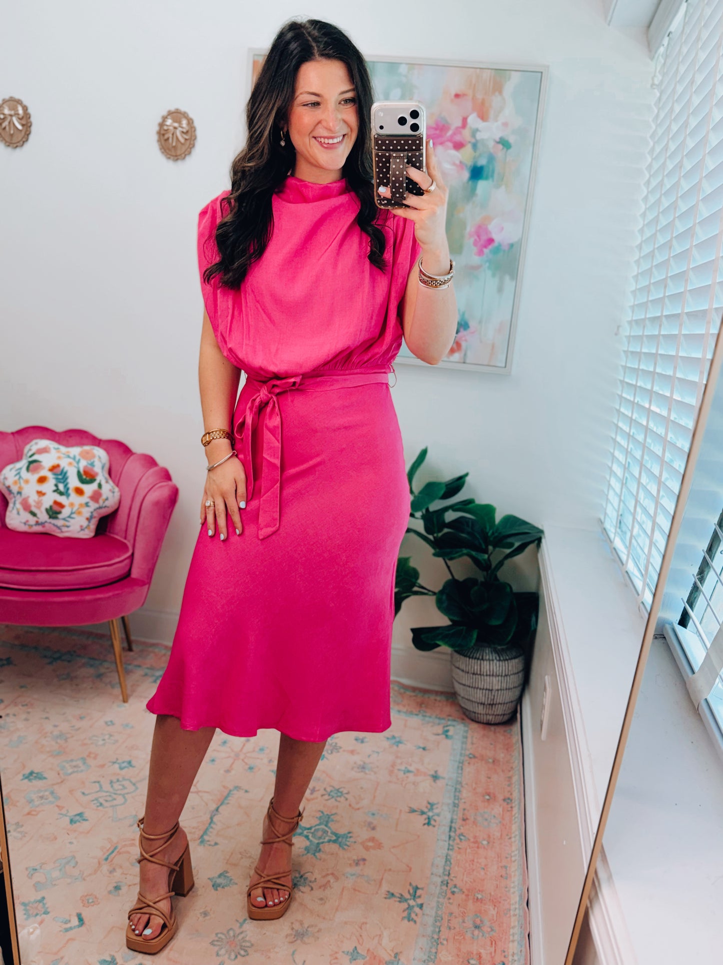 Magenta Satin Cowl Neck Midi Dress